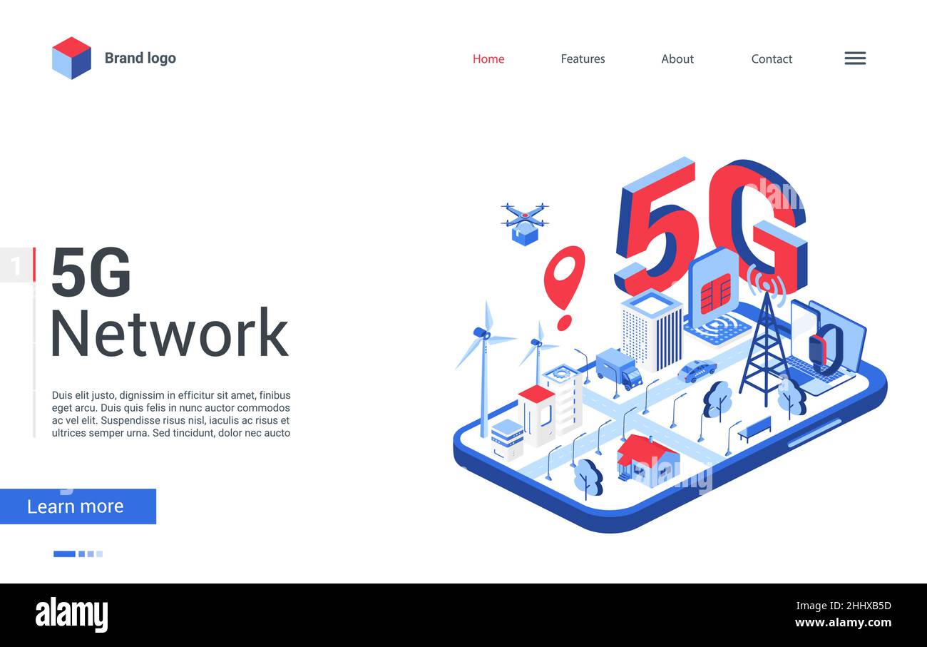 Modernes Konzept Landingpage, Website Cartoon Banner, 3D Tech mobile Netzwerktechnologie für Smart City, 5G High-Speed-Telekommunikation drahtlose Verbindung Stock Vektor