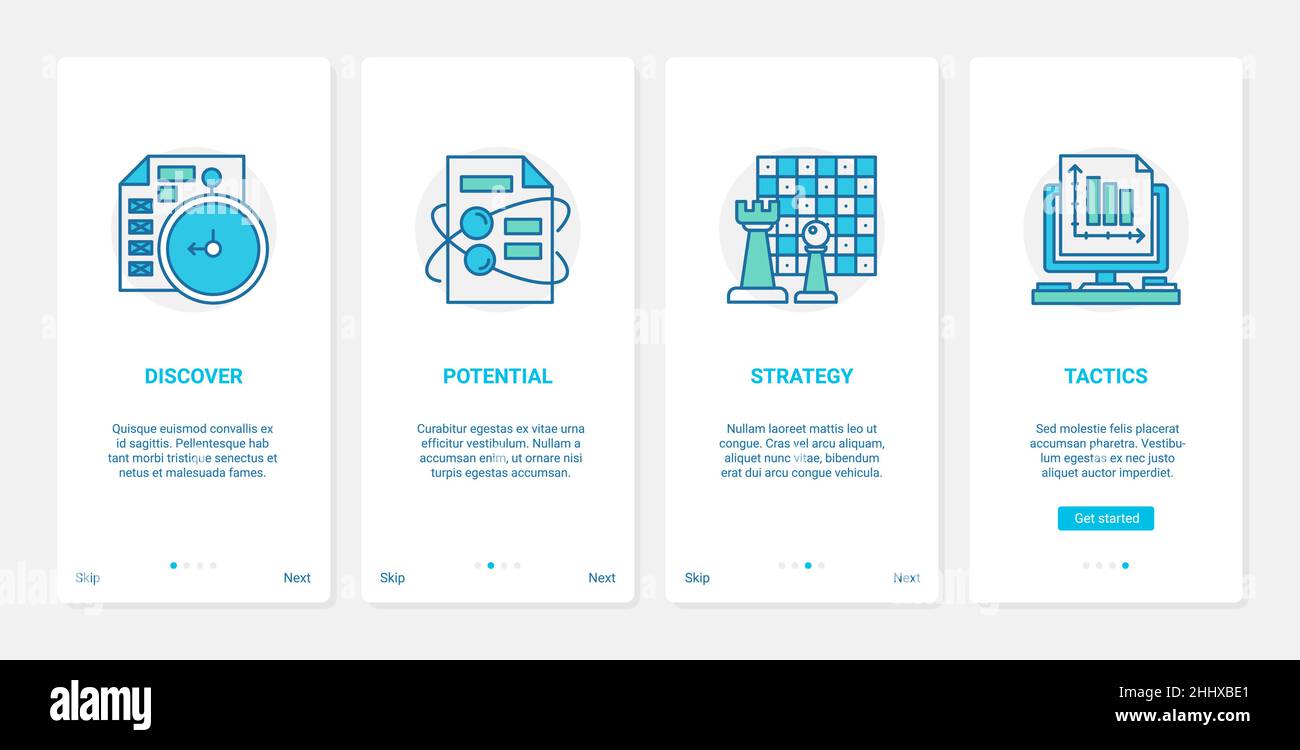 Darstellung des Vektors für die Marktforschung von Geschäftstaktiken. UX, UI Onboarding Mobile App Page Screen Set mit Zeile Suche nach potenziellen Chancen, erfolgreich Stock Vektor