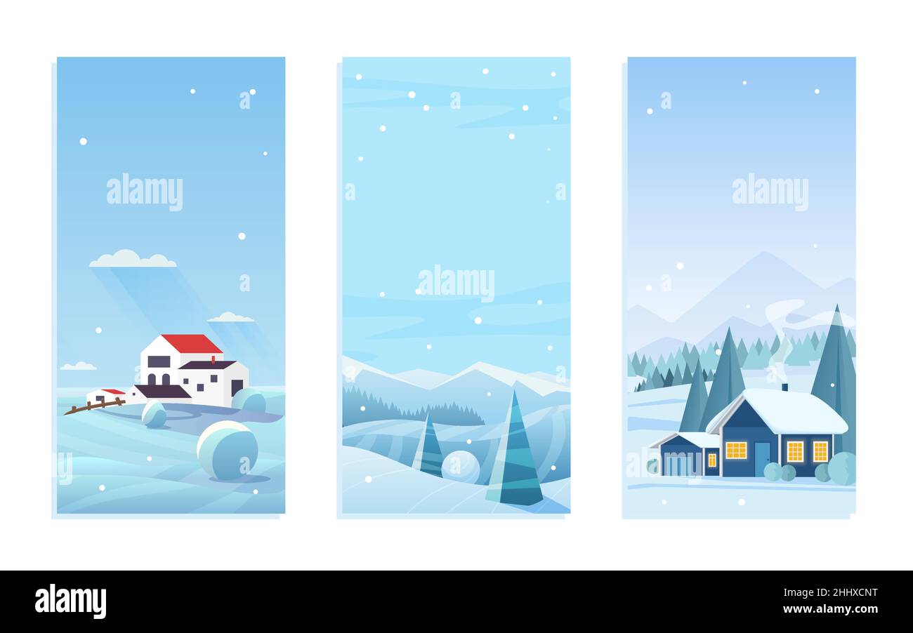 Weihnachten Natur Landschaft Vektor Illustration Set. Cartoon flache Frostlandschaft für Wintersaison, Weihnachten und Neujahr mit Dorfhäusern Stock Vektor