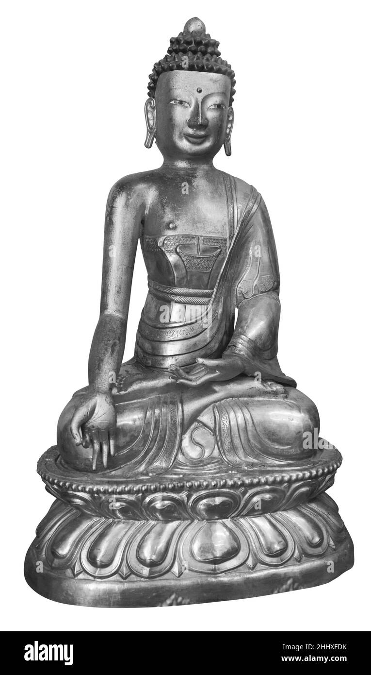 Wunderschön leuchtender klassischer Buddha Shakyamuni. Siddhartha Gautama. Goldene Statue mit offenen Augen isoliert auf weißem Hintergrund Stockfoto