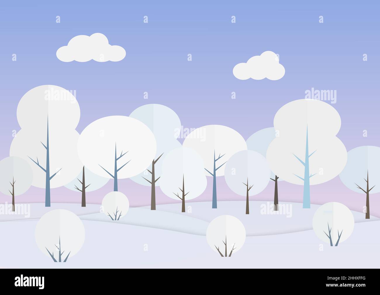 Weiße Bäume im Winterwald Vektorgrafik. Verschneite Landschaft unter blauem Himmel Papierkunst. Blick auf die Natur an kalten Tagen. Neujahr und weihnachtskarte desigig Stock Vektor