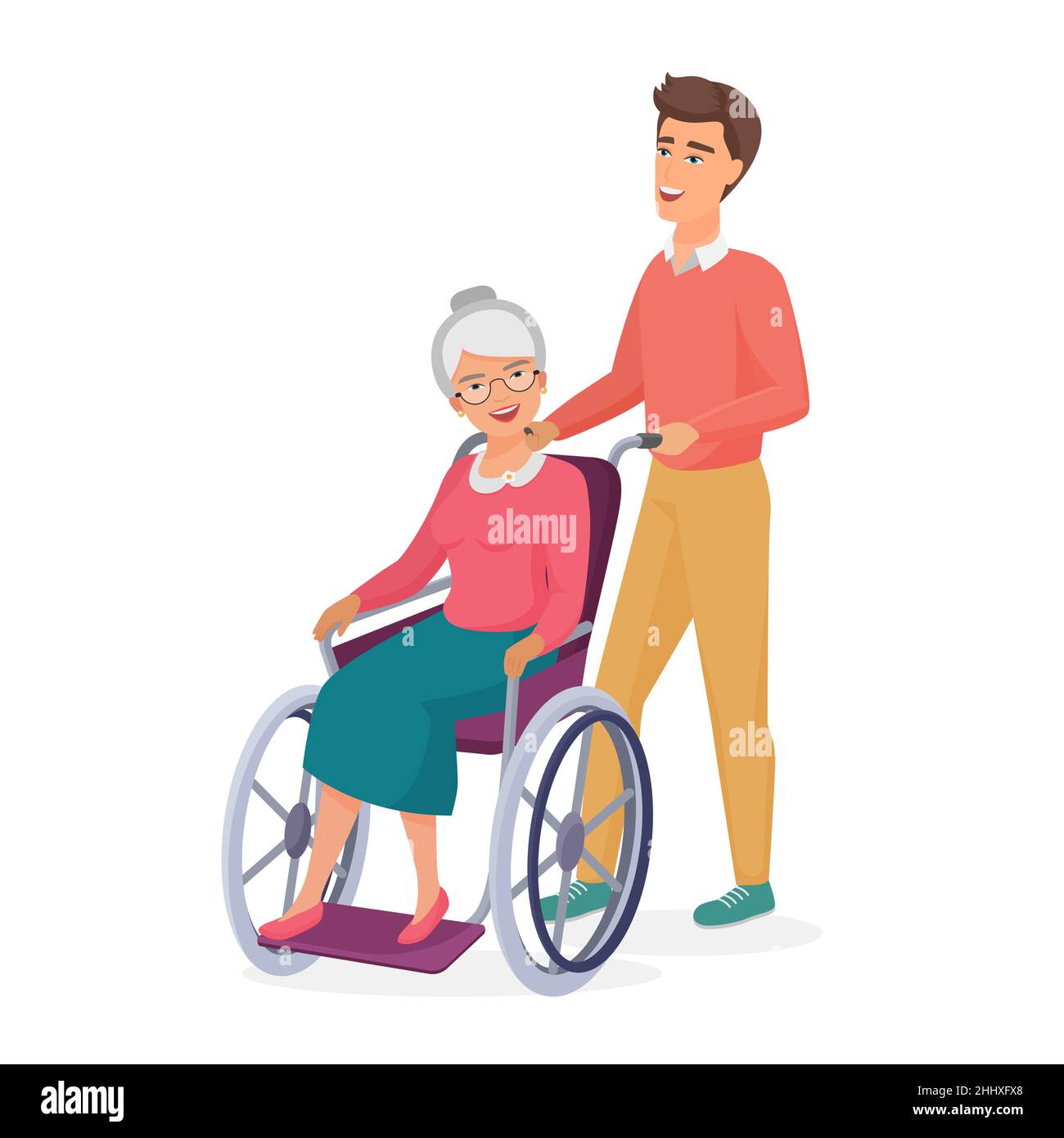 Lächelnde junge Männer kümmert sich um ältere behinderte Mutter Großmutter im Rollstuhl. Bunte Cartoon Vektor-Illustration auf weißem Hintergrund. Stock Vektor