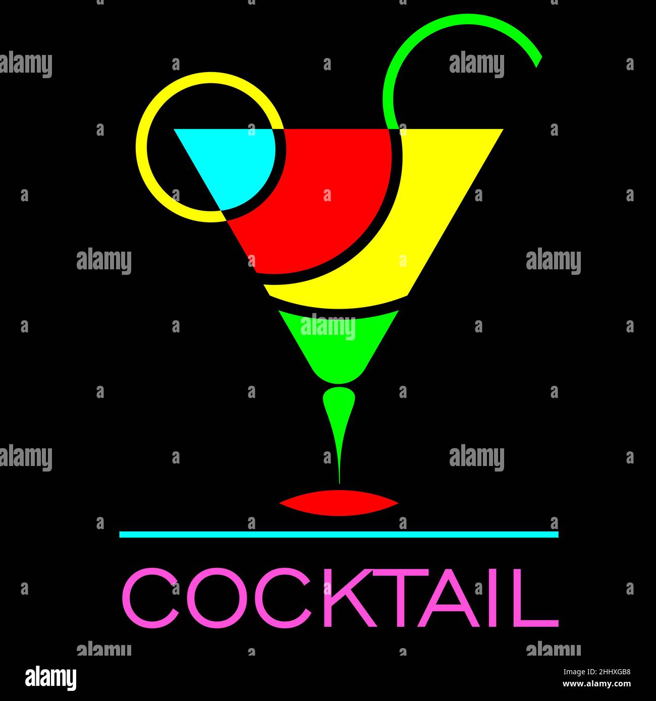 Abstraktes Cocktail-Logo mit einem Glas mehrfarbiger Elemente mit Stroh und Zitrone auf dunklem Hintergrund 1 Stock Vektor