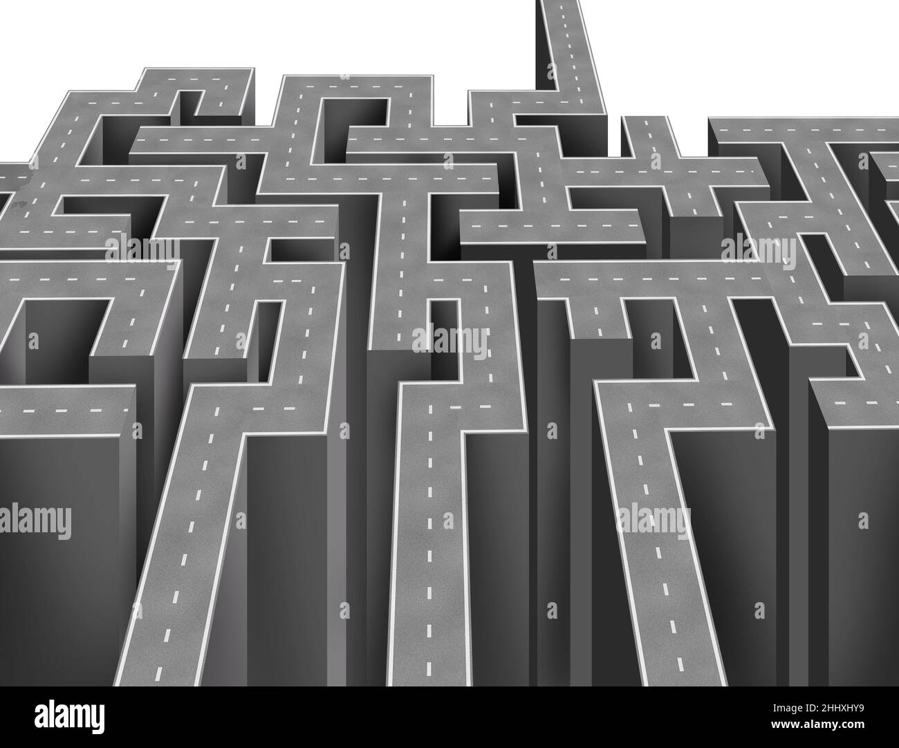 Weg Entscheidungskonzept und die Wahl des richtigen Weges als Geschäftskonzept oder die Lösung einer Herausforderung als Strategie Metapher Straße Symbol als Labyrinth. Stockfoto