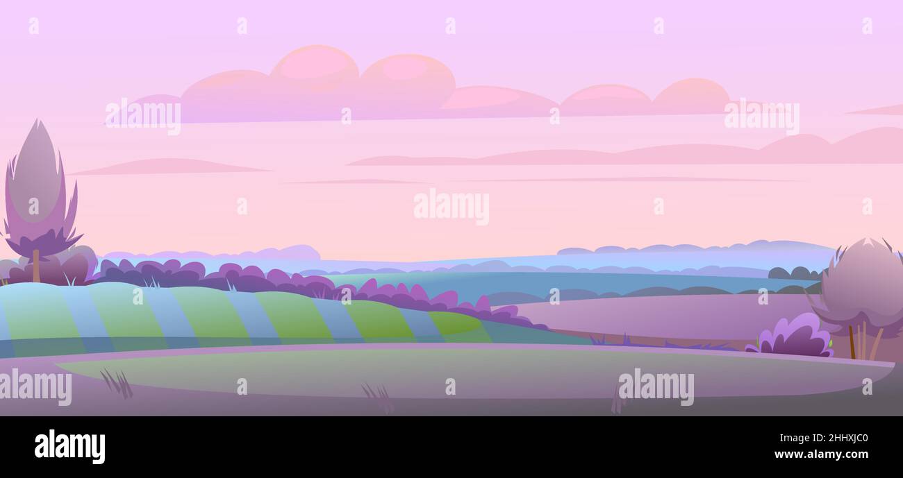 Abendlandschaft. Ländliche Landschaft schöne Aussicht. Dämmerung nach Sonnenuntergang. Horizontale Abbildung. Früh am Morgen vor Sonnenaufgang. Felder und Met Stock Vektor