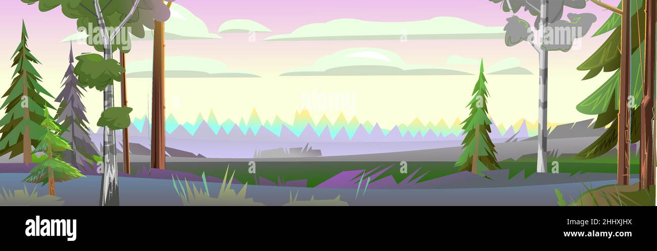 Panoramablick auf die ländliche Landschaft. Abends im Wald. Morgen ländliche Landschaft mit Bäumen. Abbildung im Cartoon-Stil flach Stock Vektor
