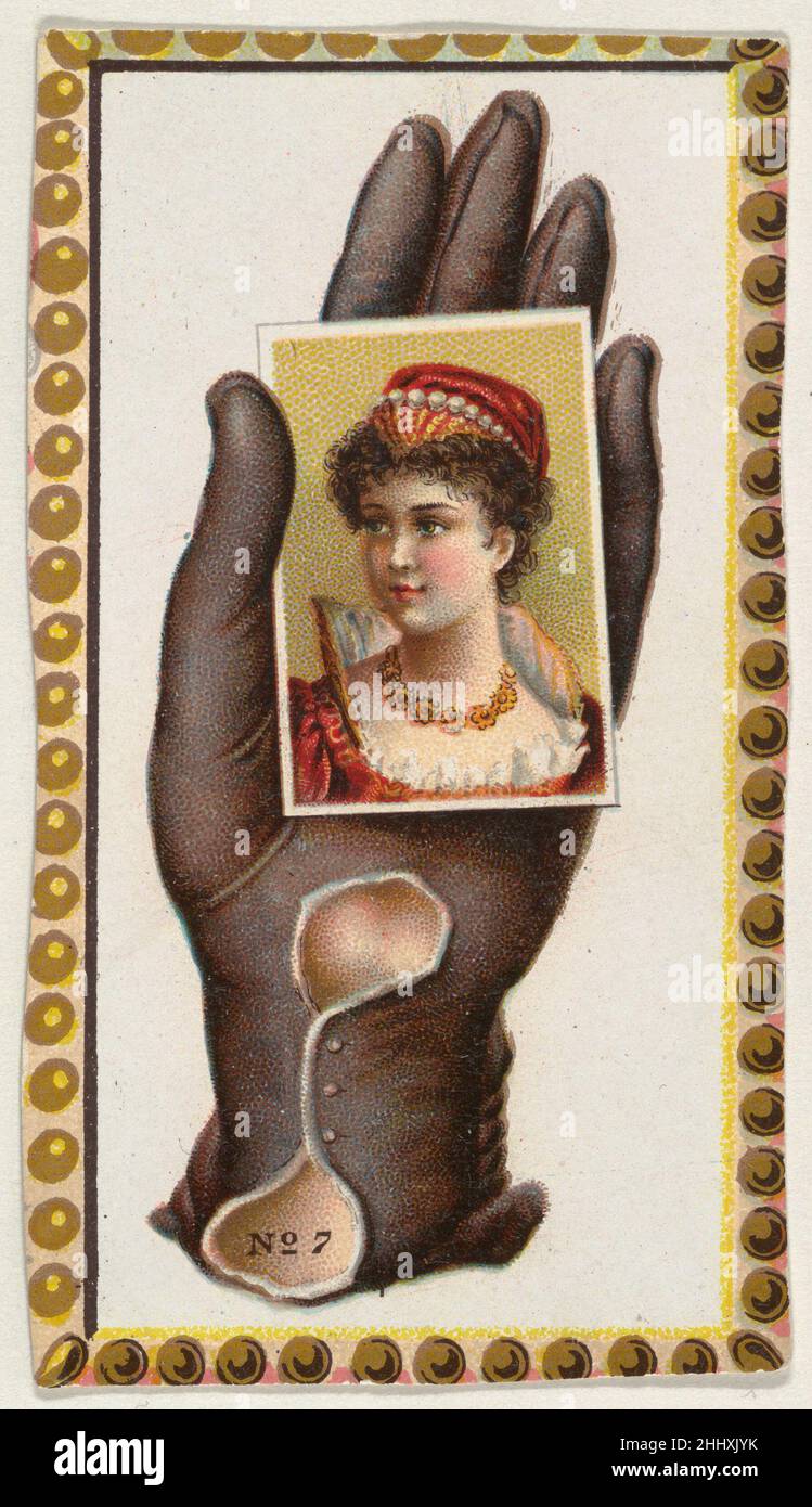 Kartennummer 7, Ausschnitt aus Werbebannern der Opera Gloves-Serie (G29) für Allen & Ginter Zigaretten ca. 1890, herausgegeben von Allen & Ginter American Series G29, zeigt Ausschnitte eines von Allen & Ginter zwischen 1885 und 1890 herausgegebenen Tabakwerbebanners. Unter Berufung auf Burdick's 'The American Card Catalog': 'Banner sind Papieraufhänger mit einer Metallbindung an den oberen und unteren Rändern. Die populäre Größe war ungefähr 30 Zoll lang, aber einige Maßen über fünf Fuß in der Länge...die Tabakfirmen waren produktive Inserenten, die eine konstante Prozession der Fahnen benutzten, besonders, um ihr aktuelles Insert Auto zu publik zu machen Stockfoto