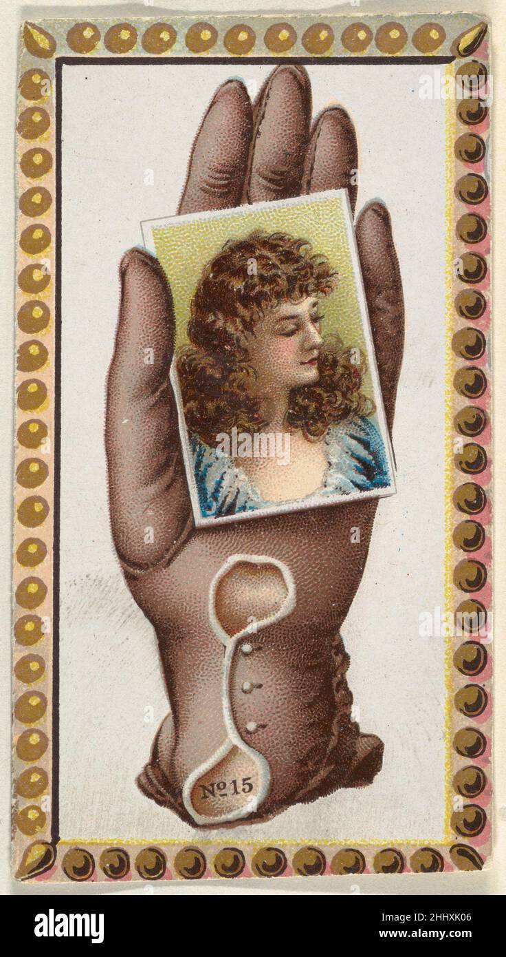 Kartennummer 15, Ausschnitt aus Werbebannern der Opera Gloves-Serie (G29) für Allen & Ginter Zigaretten ca. 1890, herausgegeben von Allen & Ginter American Series G29, zeigt Ausschnitte eines von Allen & Ginter zwischen 1885 und 1890 herausgegebenen Tabakwerbebanners. Unter Berufung auf Burdick's 'The American Card Catalog': 'Banner sind Papieraufhänger mit einer Metallbindung an den oberen und unteren Rändern. Die populäre Größe war ungefähr 30 Zoll lang, aber einige Maßen über fünf Fuß in der Länge...die Tabakfirmen waren produktive Inserenten, die eine konstante Prozession der Fahnen verwendeten, besonders, um ihre gegenwärtige Insert Ca zu publizieren Stockfoto