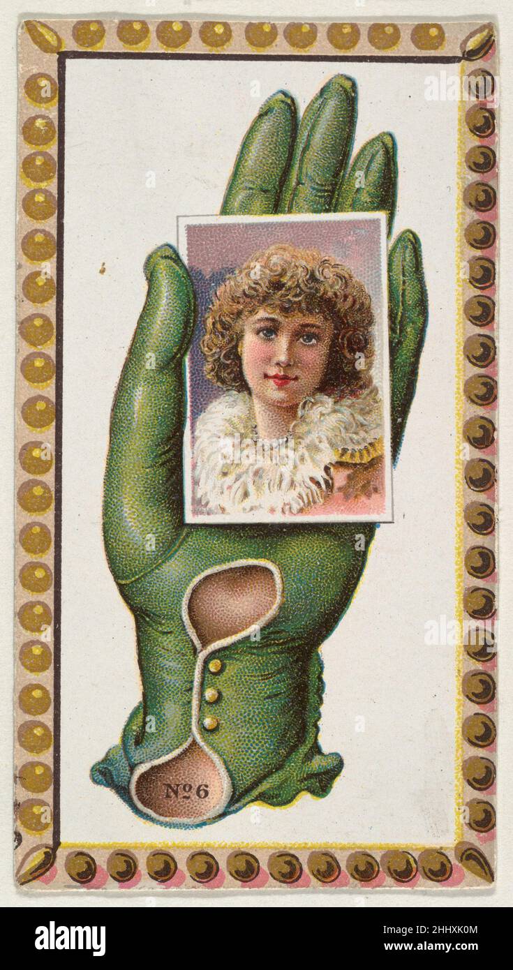 Kartennummer 6, Ausschnitt aus Werbebannern der Opera Gloves-Serie (G29) für Allen & Ginter Zigaretten ca. 1890, herausgegeben von Allen & Ginter American Series G29, zeigt Ausschnitte eines von Allen & Ginter zwischen 1885 und 1890 herausgegebenen Tabakwerbebanners. Unter Berufung auf Burdick's 'The American Card Catalog': 'Banner sind Papieraufhänger mit einer Metallbindung an den oberen und unteren Rändern. Die populäre Größe war ungefähr 30 Zoll lang, aber einige Maßen über fünf Fuß in der Länge...die Tabakfirmen waren produktive Inserenten, die eine konstante Prozession der Fahnen benutzten, besonders, um ihr aktuelles Insert Auto zu publik zu machen Stockfoto