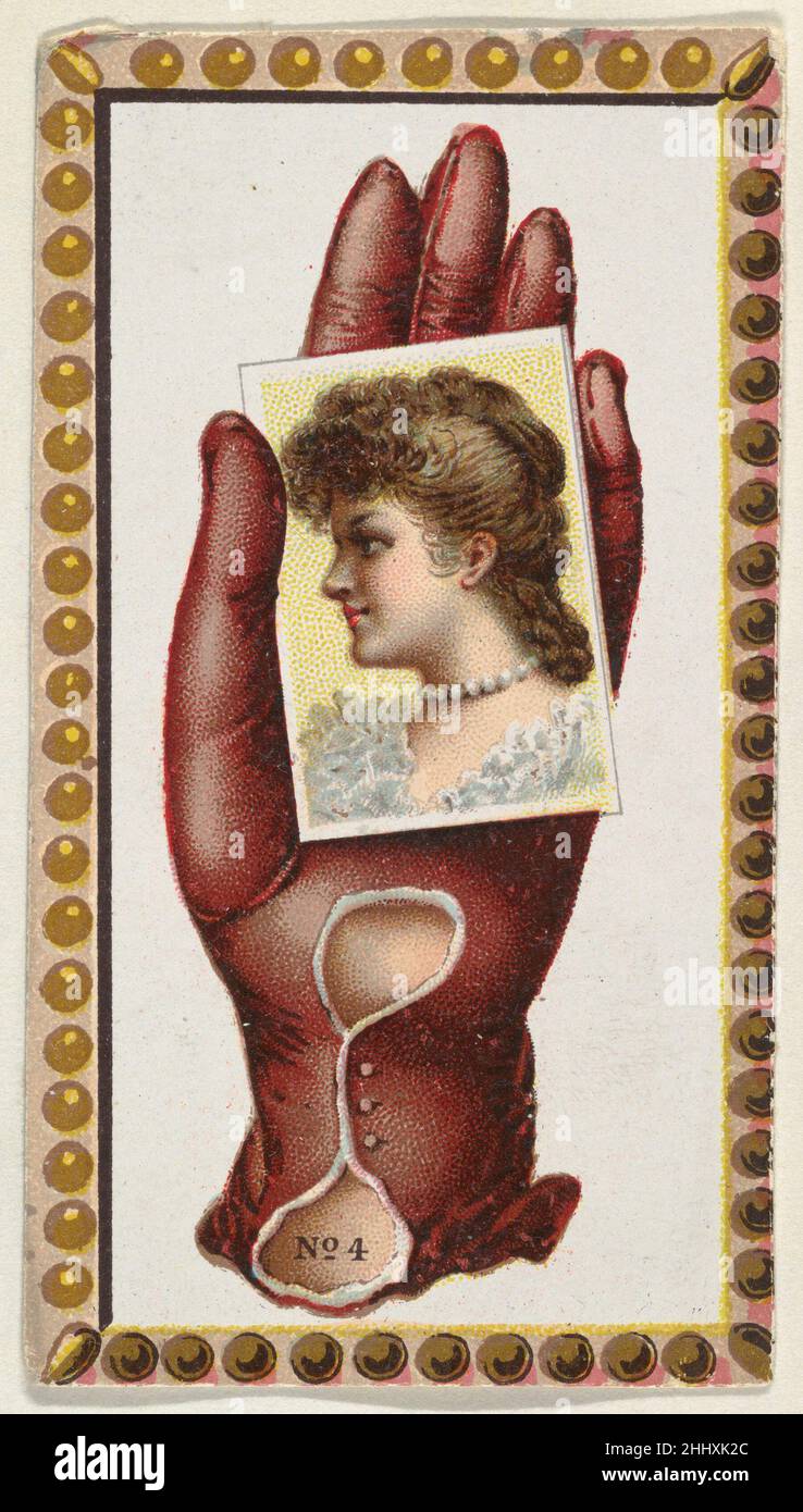 Kartennummer 4, Ausschnitt aus Werbebannern der Opera Gloves-Serie (G29) für Allen & Ginter Zigaretten ca. 1890, herausgegeben von Allen & Ginter American Series G29, zeigt Ausschnitte eines von Allen & Ginter zwischen 1885 und 1890 herausgegebenen Tabakwerbebanners. Unter Berufung auf Burdick's 'The American Card Catalog': 'Banner sind Papieraufhänger mit einer Metallbindung an den oberen und unteren Rändern. Die populäre Größe war ungefähr 30 Zoll lang, aber einige Maßen über fünf Fuß in der Länge...die Tabakfirmen waren produktive Inserenten, die eine konstante Prozession der Fahnen benutzten, besonders, um ihr aktuelles Insert Auto zu publik zu machen Stockfoto