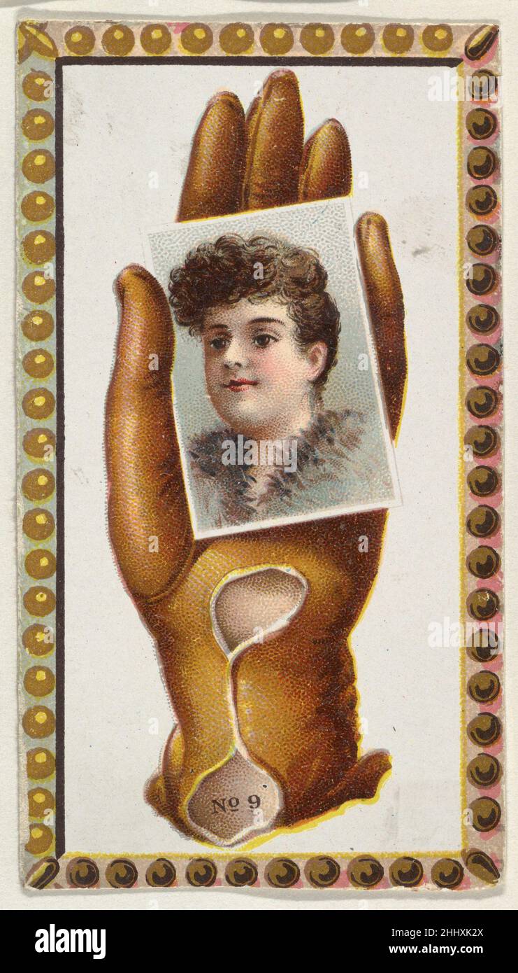 Kartennummer 9, Ausschnitt aus Werbebannern der Opera Gloves-Serie (G29) für Allen & Ginter Zigaretten ca. 1890, herausgegeben von Allen & Ginter American Series G29, zeigt Ausschnitte eines von Allen & Ginter zwischen 1885 und 1890 herausgegebenen Tabakwerbebanners. Unter Berufung auf Burdick's 'The American Card Catalog': 'Banner sind Papieraufhänger mit einer Metallbindung an den oberen und unteren Rändern. Die populäre Größe war ungefähr 30 Zoll lang, aber einige Maßen über fünf Fuß in der Länge...die Tabakfirmen waren produktive Inserenten, die eine konstante Prozession der Fahnen benutzten, besonders, um ihr aktuelles Insert Auto zu publik zu machen Stockfoto