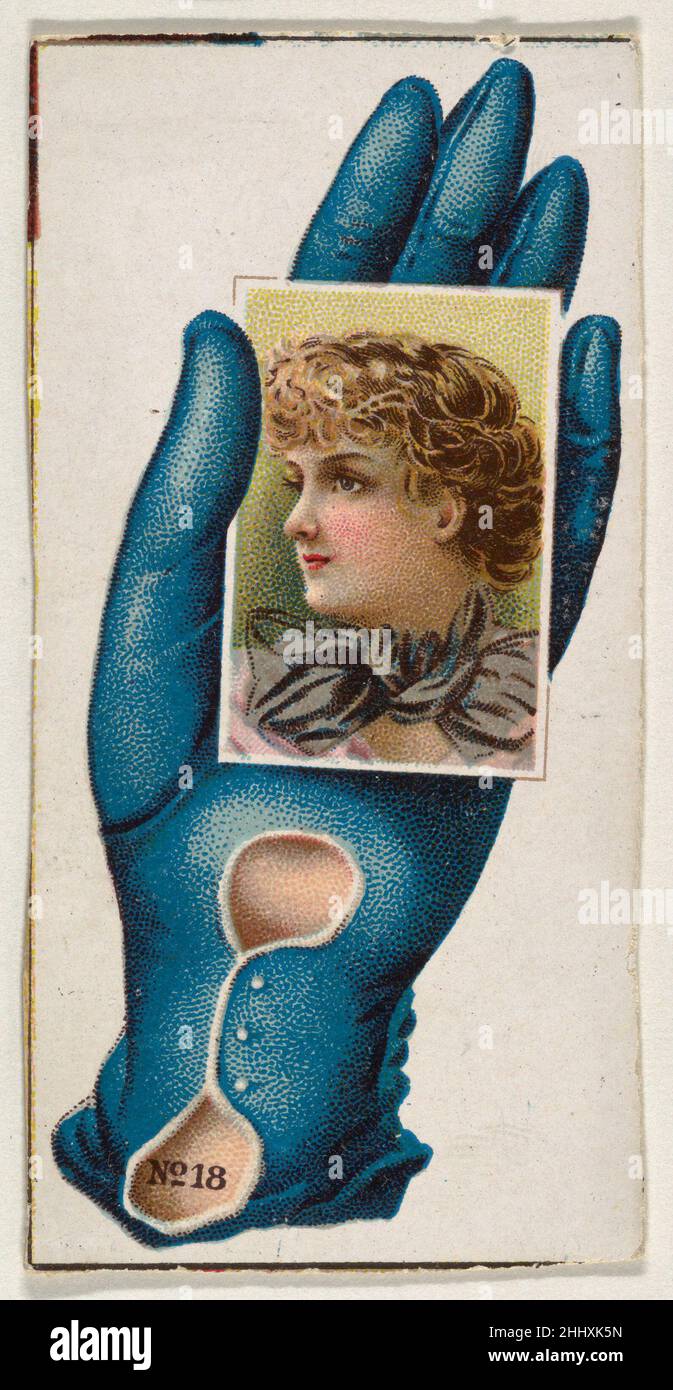 Kartennummer 18, Ausschnitt aus Werbebannern der Opera Gloves-Serie (G29) für Allen & Ginter Zigaretten ca. 1890, herausgegeben von Allen & Ginter American Series G29, zeigt Ausschnitte eines von Allen & Ginter zwischen 1885 und 1890 herausgegebenen Tabakwerbebanners. Unter Berufung auf Burdick's 'The American Card Catalog': 'Banner sind Papieraufhänger mit einer Metallbindung an den oberen und unteren Rändern. Die populäre Größe war ungefähr 30 Zoll lang, aber einige Maßen über fünf Fuß in der Länge...die Tabakfirmen waren produktive Inserenten, die eine konstante Prozession der Fahnen verwendeten, besonders, um ihre gegenwärtige Insert Ca zu publizieren Stockfoto