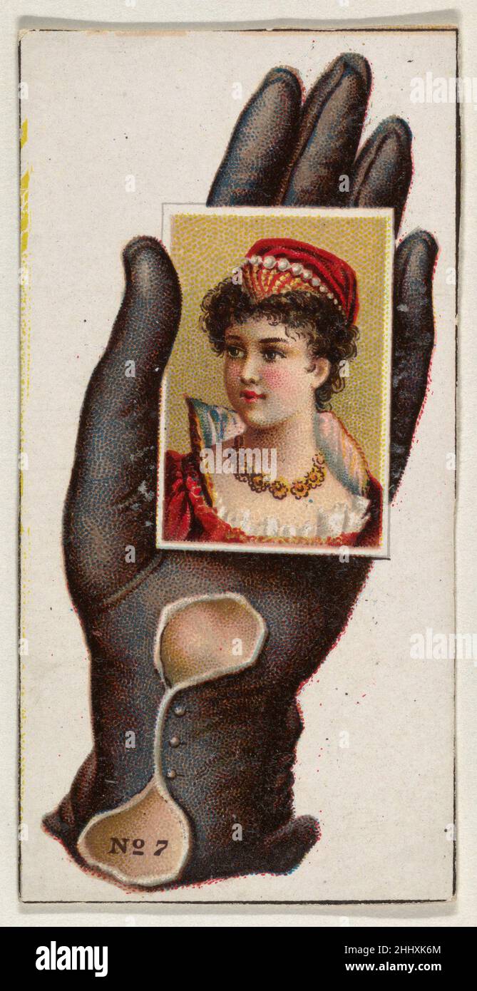 Kartennummer 7, Ausschnitt aus Werbebannern der Opera Gloves-Serie (G29) für Allen & Ginter Zigaretten ca. 1890, herausgegeben von Allen & Ginter American Series G29, zeigt Ausschnitte eines von Allen & Ginter zwischen 1885 und 1890 herausgegebenen Tabakwerbebanners. Unter Berufung auf Burdick's 'The American Card Catalog': 'Banner sind Papieraufhänger mit einer Metallbindung an den oberen und unteren Rändern. Die populäre Größe war ungefähr 30 Zoll lang, aber einige Maßen über fünf Fuß in der Länge...die Tabakfirmen waren produktive Inserenten, die eine konstante Prozession der Fahnen benutzten, besonders, um ihr aktuelles Insert Auto zu publik zu machen Stockfoto