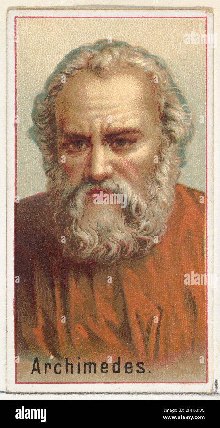 Archimedes, Druckermuster für das Souvenir-Album der Erfinder der Welt (A25) für Allen & Ginter Cigarettes 1888, herausgegeben von Allen & Ginter American Printer's Samples für das Sammleralbum 'World's Inventors' (A25), das 1888 zur Werbung für Zigaretten der Marke Allen & Ginter herausgegeben wurde. Unter Berufung auf Burdicks „The American Card Catalog“: "Erinnerungsalben dieser Art, wie sie von den Tabakfirmen herausgegeben wurden, sollten wahrscheinlich die einzelnen Karten ersetzen, wenn der Raucher dies wünscht, oder ihm zumindest ermöglichen, die gesamte Sammlung von Designs zu besitzen, ohne die Schwierigkeit zu haben, das ganze einzelne Auto zu erhalten Stockfoto
