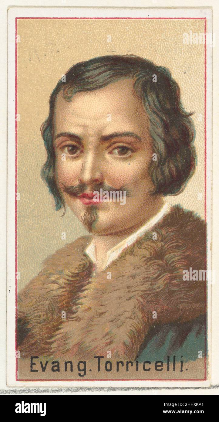 Evangelista Torricelli, Druckermuster für das Souvenir-Album der Erfinder der Welt (A25) für Allen & Ginter Cigarettes 1888, herausgegeben von Allen & Ginter American Printer's Samples für das Sammleralbum 'World's Inventors' (A25), das 1888 zur Werbung für Zigaretten der Marke Allen & Ginter herausgegeben wurde. Unter Berufung auf Burdicks „The American Card Catalog“: „Erinnerungsalben dieser Art, wie sie von den Tabakfirmen herausgegeben wurden, sollten wahrscheinlich die einzelnen Karten ersetzen, wenn der Raucher dies wünscht, oder ihm zumindest ermöglichen, die gesamte Sammlung von Designs zu besitzen, ohne die Schwierigkeiten zu haben, all die in zu erhalten Stockfoto