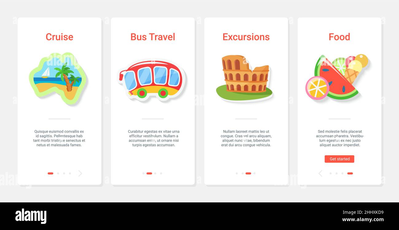 Abenteuer Reise Kreuzfahrt, Ausflug und Essen Vektor Illustration. UX, UI Onboarding Mobile App Page Screen Set mit line Sightseeing Urlaub Bus Tour Stock Vektor