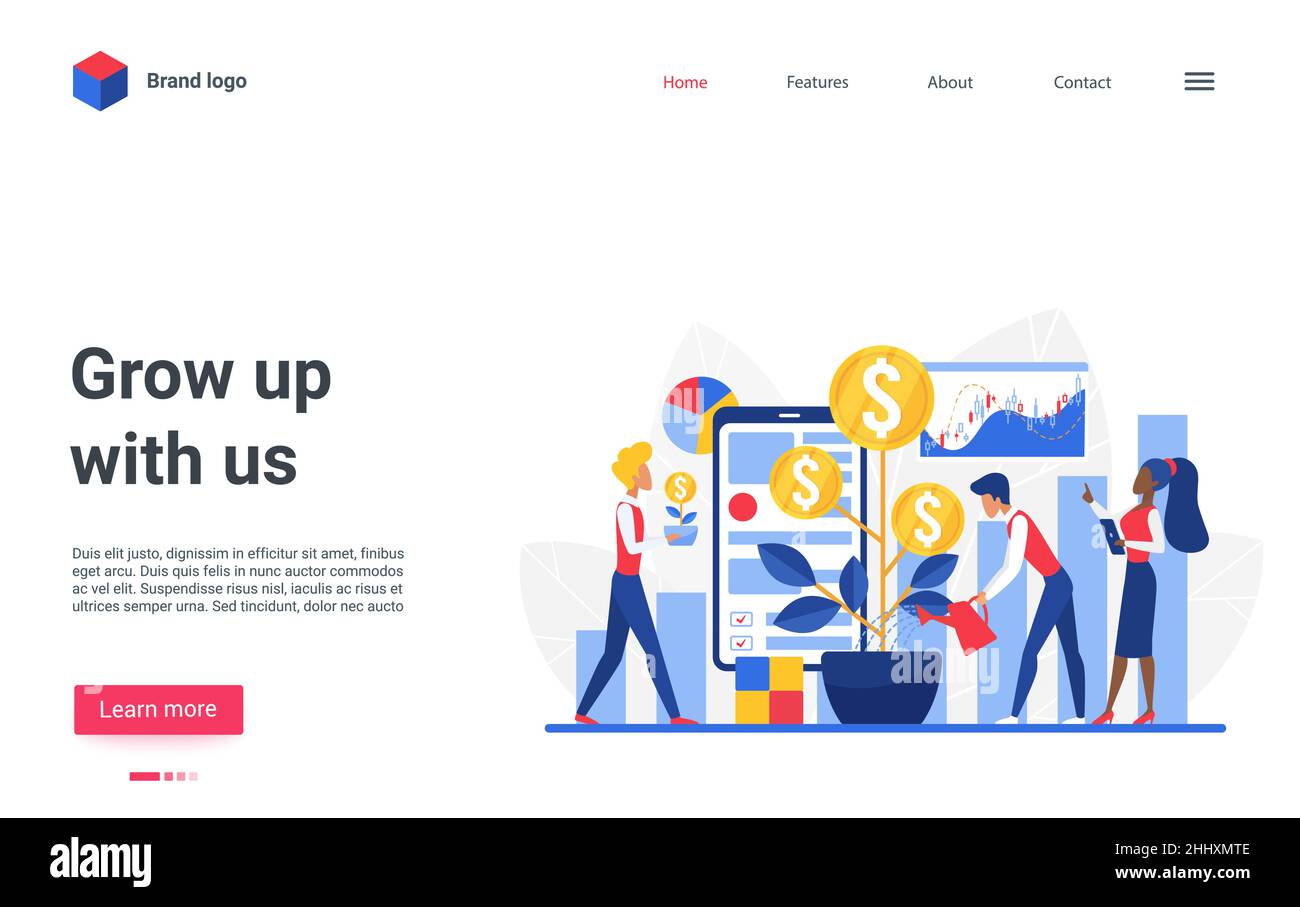 Website Landing Page Design mit Cartoon flach winzigen Geschäftsleuten Gießen Goldmünze Geld wachsenden Pflanzenbaum in Topf, Geld zu investieren. Business-Inves Stock Vektor