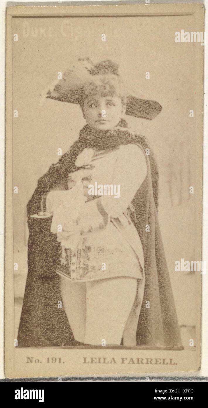 Kartennummer 191, Leila Farrell, aus der Schauspielerserie (N145-6), herausgegeben von Duke Sons & Co. Zur Förderung von Duke Cigarettes 1880s, herausgegeben von W. Duke, Sons & Co. Tauschkarten aus dem Set „Schauspieler und Schauspielerinnen“ (N145-6), Herausgegeben im Jahr 1880s von W. Duke Sons & Co. Zur Förderung von Duke Zigaretten. Es gibt acht Untergruppen der Serie N145. Verschiedene Untergruppen weisen verschiedene Kartendesigns auf und fördern auch verschiedene Tabakmarken, die von W. Duke Sons & Company vertreten werden. Diese Karte stammt aus der sechsten Teilmenge, N145-6. Beachten Sie, dass die Namen von Schauspielern auf den Karten im gesamten Set unterschiedlich geschrieben werden und nicht abhängig sind Stockfoto