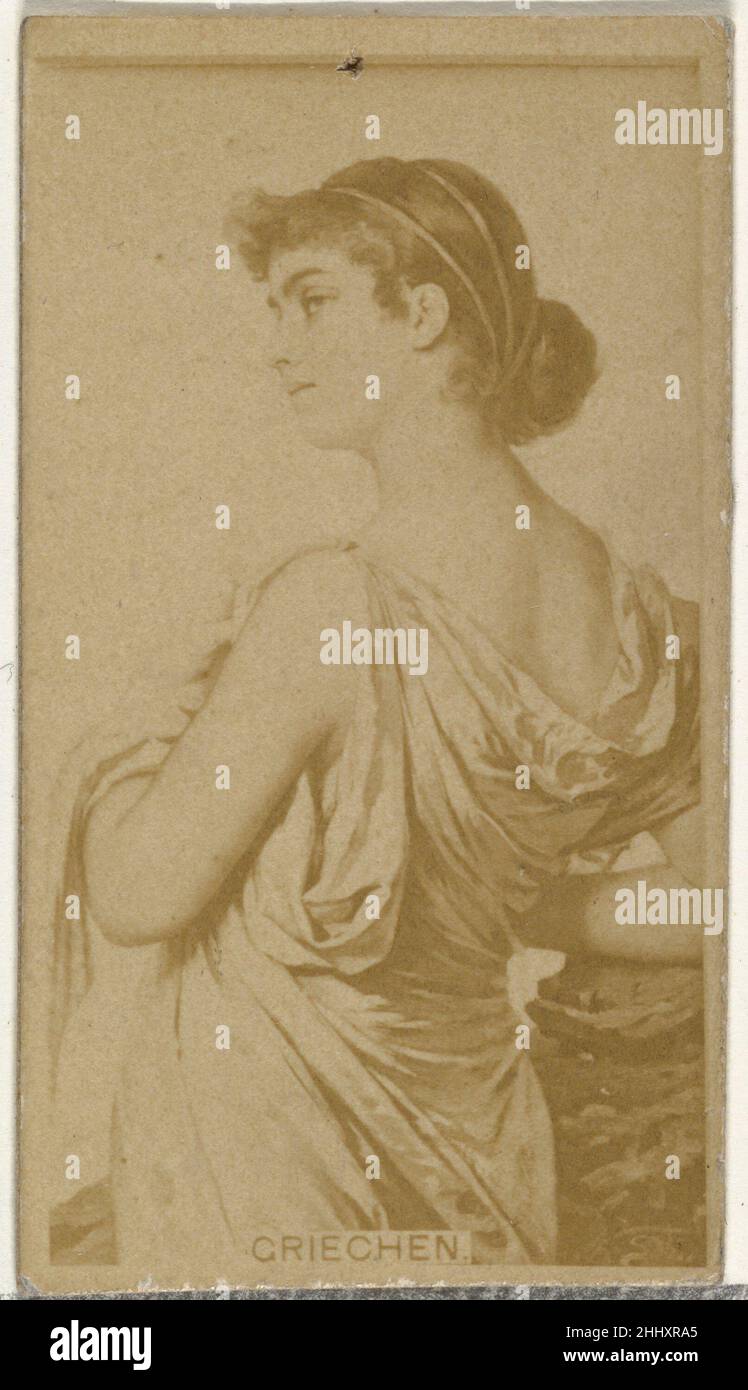 Griechen, aus der Schauspielerserie (N145-8) von Duke Sons & Co. Zur Förderung von Duke Cigarettes ca. 1891 herausgegeben von W. Duke, Sons & Co. Handelskarten aus dem Set 'Schauspieler und Schauspielerinnen' (N145-8), herausgegeben im Jahr 1880s von W. Duke Sons & Co., um Duke Zigaretten zu bewerben. Es gibt acht Untergruppen der Serie N145. Verschiedene Untergruppen weisen verschiedene Kartendesigns auf und fördern auch verschiedene Tabakmarken, die von W. Duke Sons & Company vertreten werden. Diese Karte stammt aus der achten Teilmenge, N145-8. Beachten Sie, dass die Namen von Schauspielern auf den Karten im gesamten Set unterschiedlich geschrieben werden und nicht auf Genauigkeit verlässlich sind. Stockfoto