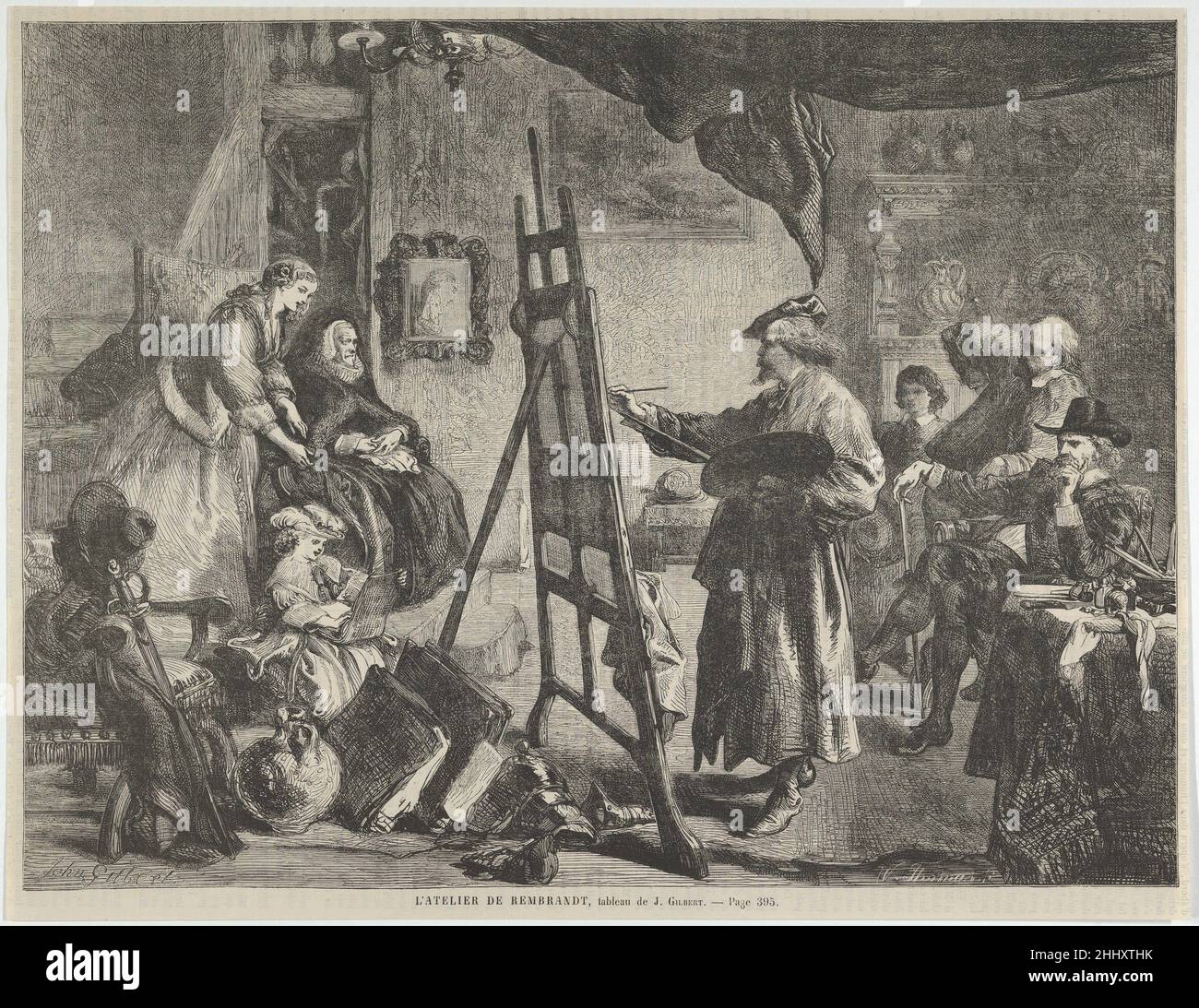 L'Atelier de Rembrandt, tableau de J. Gilbert (Rembrandt's Studio, ein Gemälde von J. Gilbert), aus 'L'Univers Illustré', S. 395 14. November 1861 William Luson Thomas der Brite Rembrandt wird in seinem Atelier gezeigt, malte an einer Staffelei, während er von einem wohlhabenden niederländischen Mäzen und anderen Figuren beobachtet wird. Neben dem Künstler ist ein Tisch mit einem Teppich und Malerei Utensilien bedeckt. Auf der linken Seite sind Elemente der Kostüme und drei weibliche Figuren, eine alte Frau mit einer Rüsche, ein junges hübsches Mädchen und ein Kind, das Blätter in einem offenen Portfolio untersucht. Sir John Gilbert, der die Szene konzipierte, und Thom Stockfoto