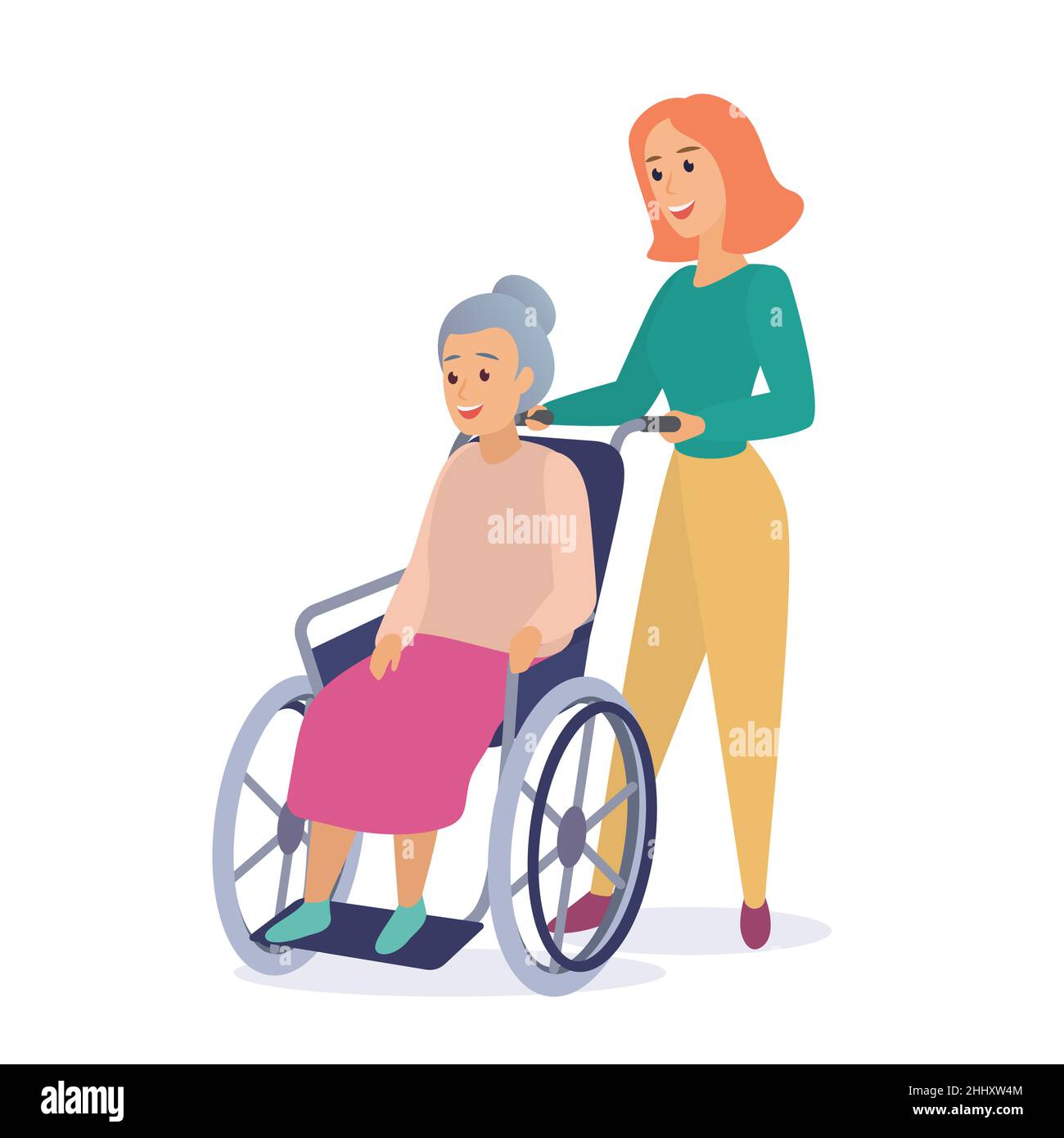 Frau Sozialarbeiterin auf einem Spaziergang mit behinderter Großmutter in einem Rollstuhl flache Vektor-Illustration Stock Vektor