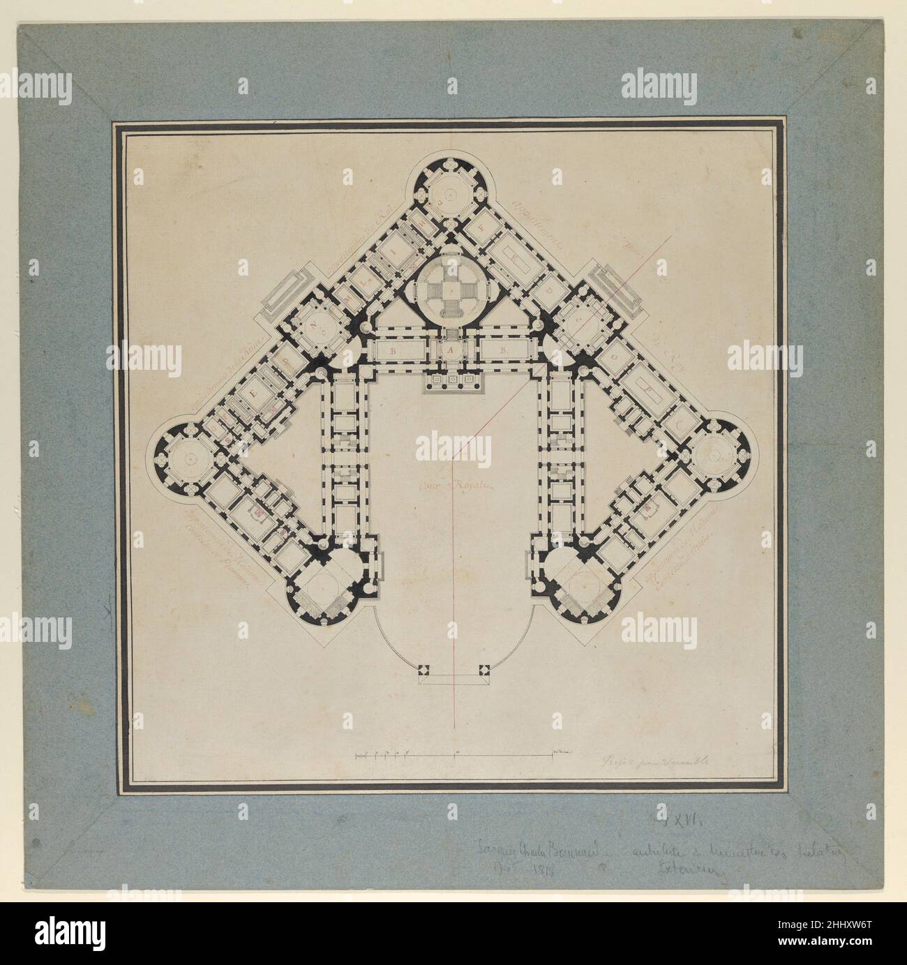Grundplan für die Renovierung der Château de Rambouillet ca. 1783 Jean Augustin Renard Diese Zeichnung ist zwar durch die Inschriften auf dieser Zeichnung als Plan für das königliche Schloss von Versailles gekennzeichnet, stellt aber einen nicht ausgeführten Renovierungsplan für das Château de Rambouillet dar. Es wurde König Luois XVI. Vom Architekten Jean Augustin Renard Ende 1783 vorgeschlagen. Renard stand vor der schwierigen Aufgabe, das bestehende Gebäude, das im Geschmack zu gotisch war, in eine moderne Residenz umzuwandeln, die als königliche Residenz und Jagdschloss fungieren könnte. König Louis XVI. Erachtete das Projekt schließlich Stockfoto