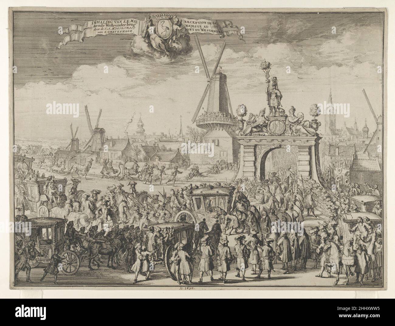 Eintritt von William III in Den Haag (Inhaling van S.K. Maj. Aende Westeynder brug door de E.A. Magistraet van s'Gravenhage / Reception de sa Majesté au pont du Westende) aus Bidloo, Inkomste van Koning Willem III 1691 Romeyn de Hooghe Dutch. Eintritt von William III in Den Haag (Inhaling van S.K. Maj. Aende Westeynder brug door de E.A. Magistraet van s'Gravenhage / Reception de sa Majesté au pont du Westende) von Bidloo, Inkomste van Koning Willem III 417859 Stockfoto