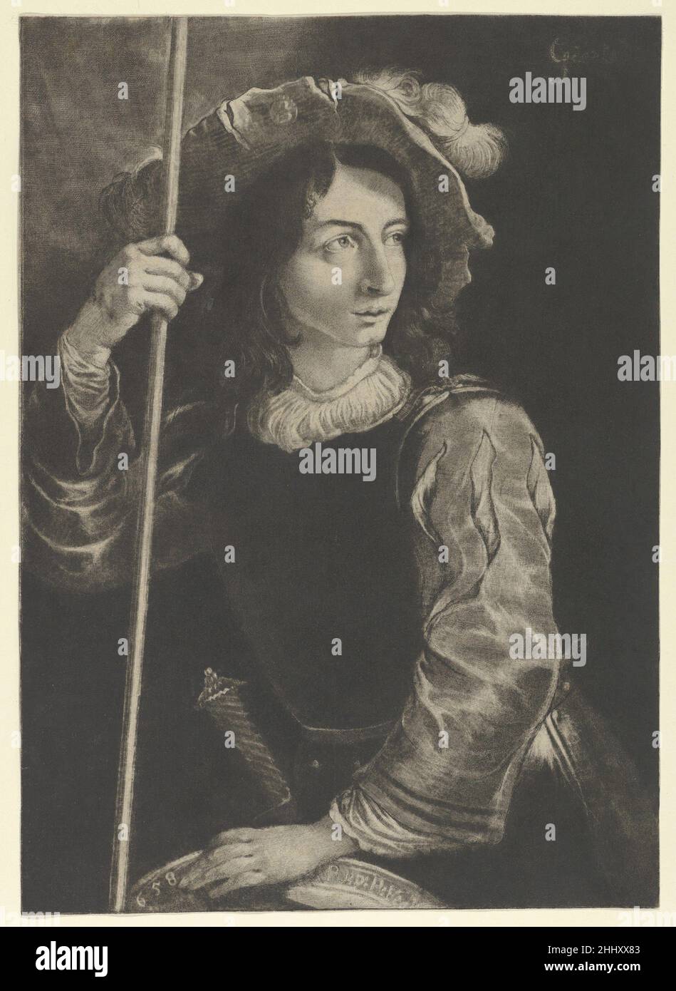 Der große Landsquenet oder Standardträger 1658 Prinz Rupert vom Rhein Böhmischer Prinz Rupert vom Rhein (Sohn des verbannten Friedrich V. von Böhmen) war einer der frühesten Praktiker von Mezzotinta und ein entscheidender Faktor für seine Entwicklung. Rupert lernte Ludwig von Siegen (den Erfinder der Technik) 1654 kennen, versuchte aber erst 1657 seine eigenen Mezzotints. Diesen beeindruckenden Druck machte er im folgenden Jahr. Er begann mit dem Aufrauen seiner Platte mit einem gezackten hatcher (ein Prototyp des modernen Mezzotint 'Rocker'), um die parallelen Schattierungslinien links oben auf dem Blatt und das To zu machen Stockfoto