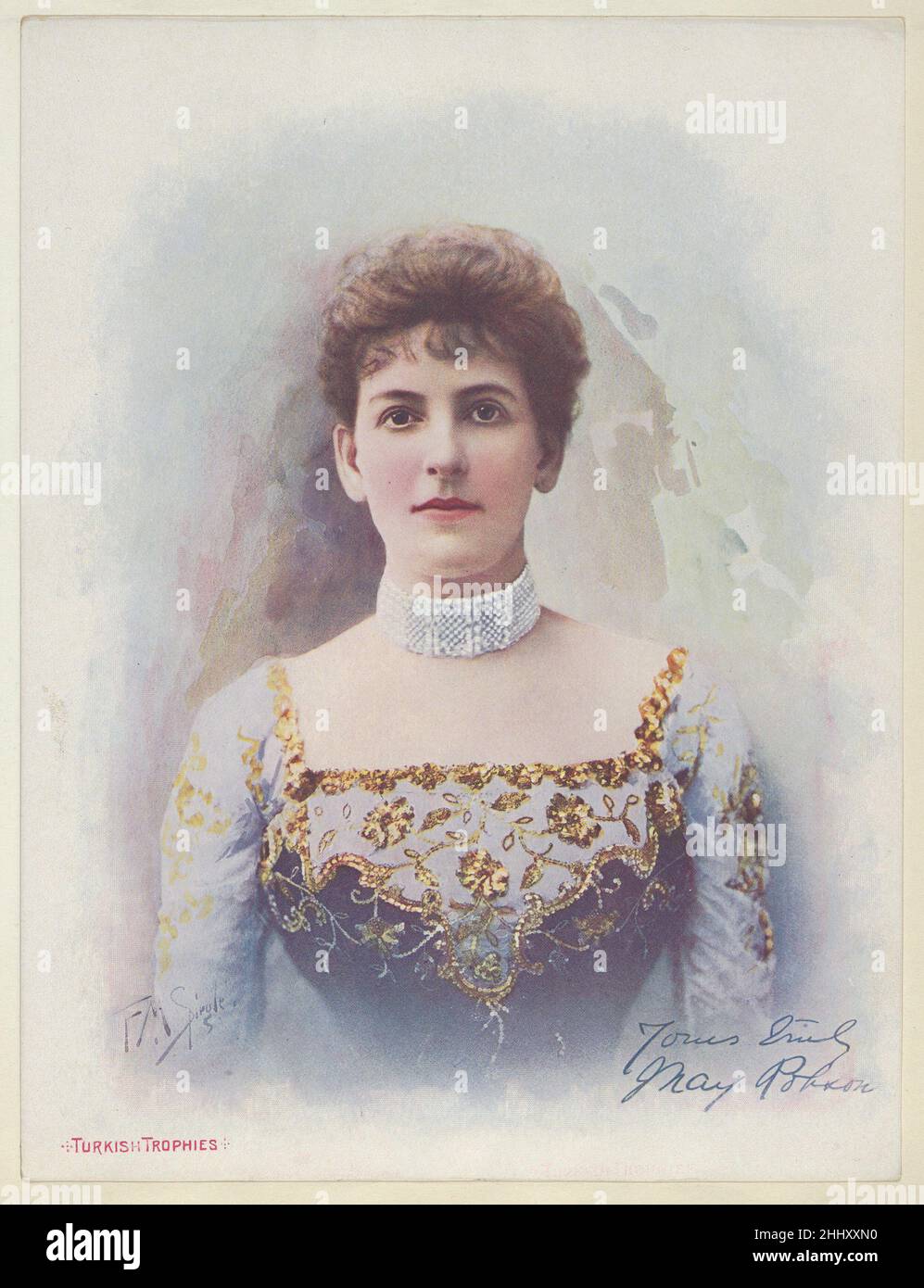May Robson, from the Actresses series (T1), Distributed by the American Tobacco Co. To promote Turkish Trophies Cigarettes 1900 Reproduktion eines Gemäldes von Frederick Moladore Spiegle Trade cards from the 'Actresses' series (T1), published in 1900 by the American Tobacco Company to promote Turkish Trophy Cigarettes. Fünfundzwanzig Kartensatz, reproduziert von Originalgemälden des Künstlers F.M. Spiegle... May Robson aus der Schauspielereihe (T1), die von der American Tobacco Co. Zur Förderung der türkischen Trophäen-Zigaretten 422884 vertrieben wird Stockfoto