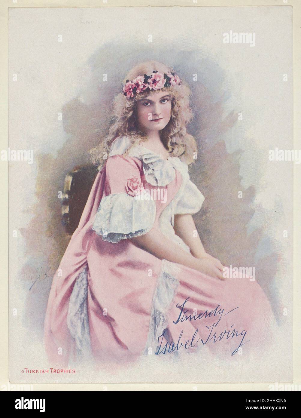 Isabel Irving, aus der Schauspielerserie (T1), vertrieben von der American Tobacco Co. Zur Förderung der türkischen Trophäen Zigaretten 1900 Reproduktion eines Gemäldes von Frederick Moladore Spiegle Trade cards from the 'Actresses' series (T1), published in 1900 by the American Tobacco Company to promote Turkish Trophy Cigarettes. Fünfundzwanzig Kartensatz, reproduziert von Originalgemälden des Künstlers F.M. Spiegle... Isabel Irving, aus der Schauspielerserie (T1), die von der American Tobacco Co. Zur Förderung von türkischen Trophäen-Zigaretten 422874 vertrieben wird Stockfoto