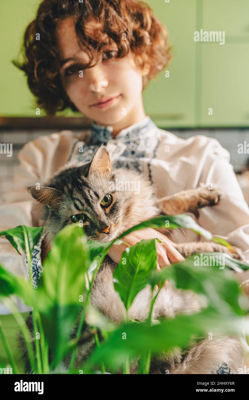 Das Teenager-Mädchen mit braunen lockigen Haaren hält ihre flauschige graue Katze in den Armen, zusammen untersuchen sie die Zimmerpflanze im Blumentopf. Hauskatze zeigt Neugier Stockfoto