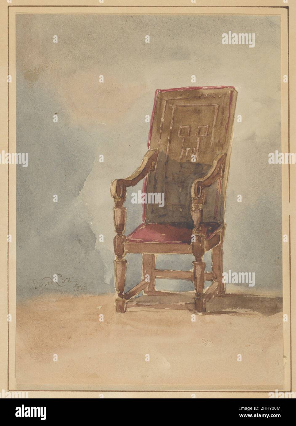 Studie eines antiken Sessels 1849 David Cox British während der 1830s Cox begann, historische Innenräume in Haddon Hall, Hardwick Hall, Bolsover Castle und Chatsworth, alle in Derbyshire, zu repräsentieren und erweitert dieses Interesse hier. Diese Zeichnung eines massiven, frühen britischen Stuhls zeigt das expressive Potenzial historischer Objekte und wurde wahrscheinlich während eines jährlichen Besuchs des Künstlers im walisischen Dorf Betws-y-coed gemacht, wo er im Royal Oak Hotel wohnte. Studie eines antiken Sessels 659420 Stockfoto