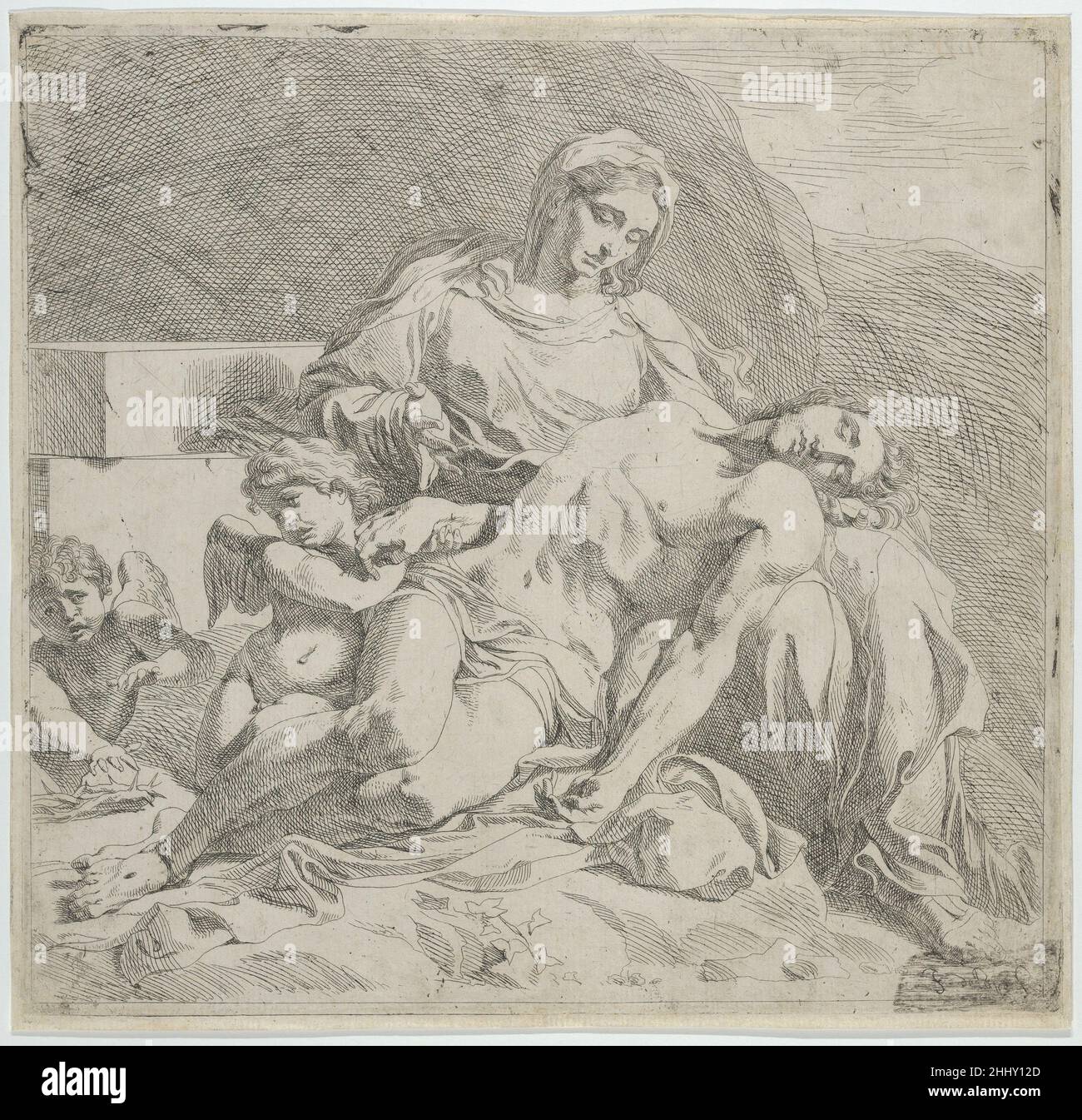 Pietà, der tote Christus unterstützt von der Jungfrau, Putti links ca. 1633–46 Joost de Pape Flämisch der tote Christus unterstützt von der Jungfrau Maria und begleitet von zwei Engeln, nach einem Gemälde von Annibale Carracci (1599-1600) dann in der Farnese-Sammlung in Rom und jetzt in der Gallerie Nazionali di Capodimonte, Neapel.. Pietà, der tote Christus, unterstützt von der Jungfrau, Putti links 664658 Stockfoto