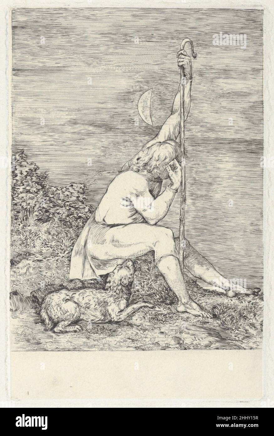 The Shepherd 1828 Welby Sherman der Brite Sherman gehörte Ende 1820s und Anfang 1830s zu den Ancients, einer künstlerischen Bruderschaft in Shoreham, Kent. Seine Gravur eines jungen Hirten, der am Meer träumt, basiert auf einer Zeichnung von Samuel Palmer, der 1828 schrieb: „Wenn Herr Sherman seinen Druck beendet hat, muss er nicht warten ‘bis ich ihn sehe, Aber kann es direkt herausbringen... je mehr Exemplare verkauft werden, desto schneller wird die Platte seine eigene sein.“ Das Werk wurde jedoch nie veröffentlicht, und es sind nur fünf Exemplare bekannt. Das geheimnisvolle Bild vermittelt Palmers Bewunderung für Albrecht Dürers „Melancholia“ Stockfoto