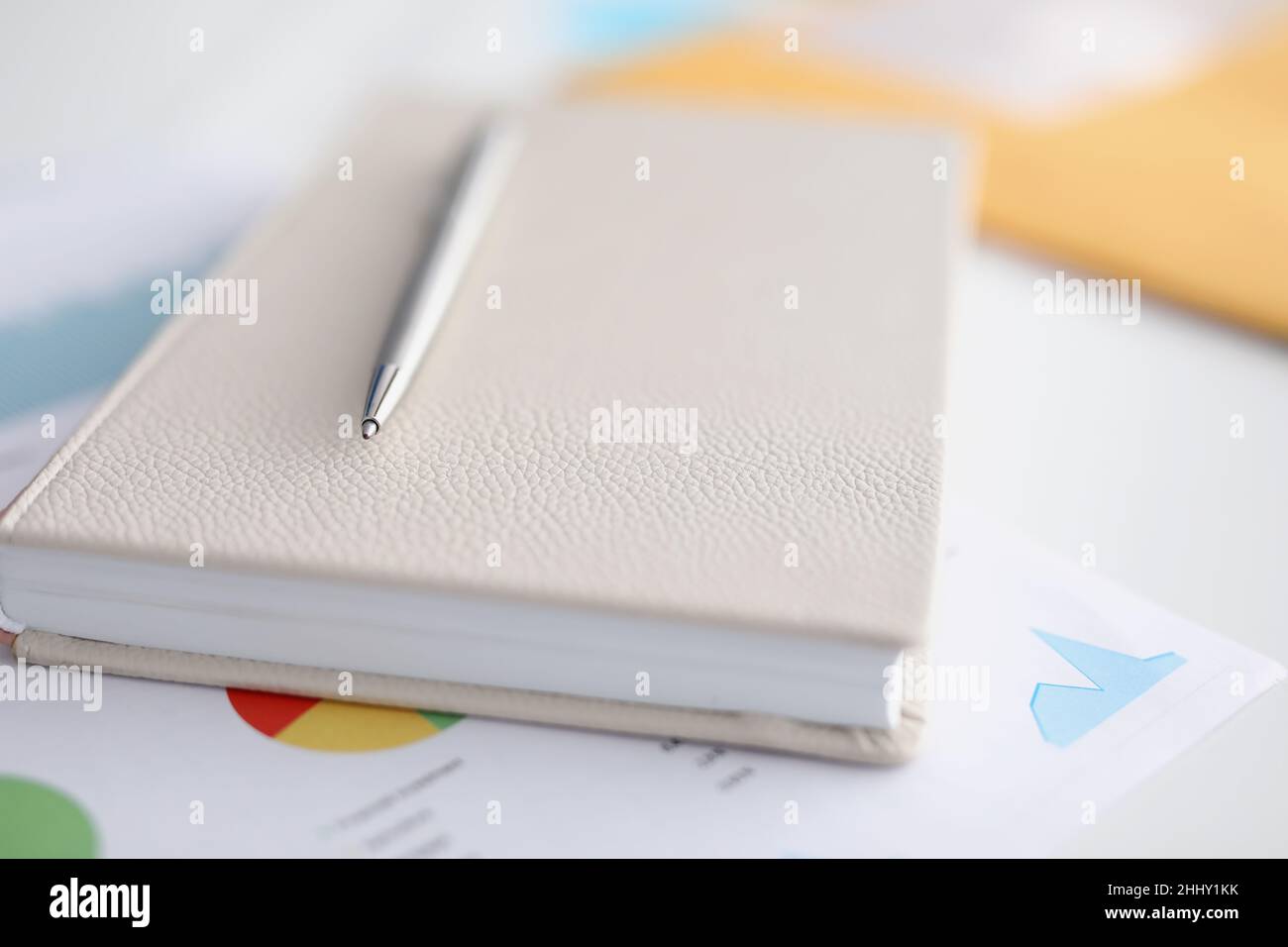 Geschlossenes beigefarbenes Ledertagebuch mit silbernem Stift, neues Notizbuch Stockfoto