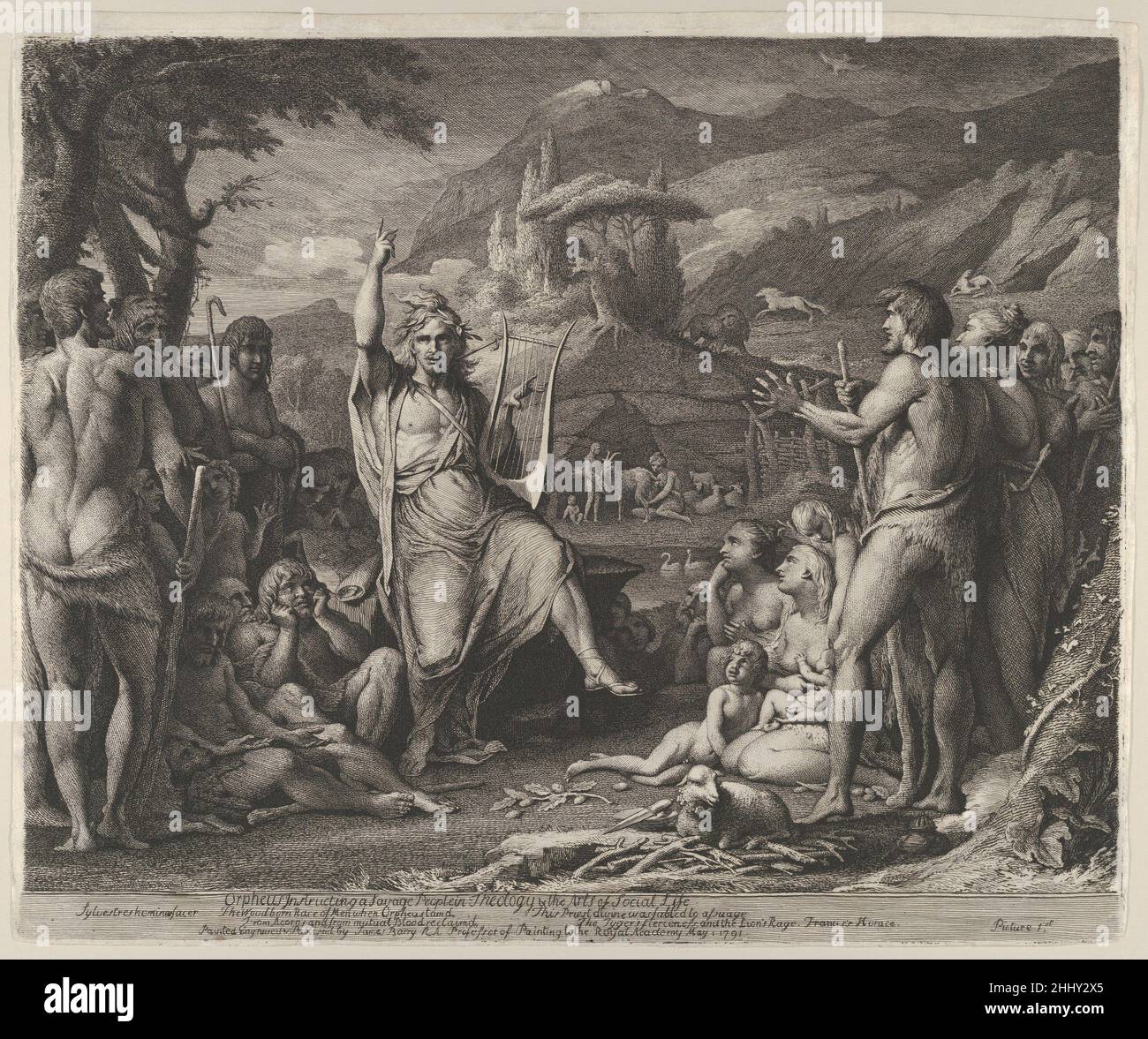 Das Schild „Instructing a Savage People in Theology and the Arts of Social Life“ vom 1. Mai 1791, herausgegeben 1792 James Barry Irish Barry, Ein erfahrener und einfallsreicher Radierer, war auch einer der führenden Londoner Geschichtsmaler des 18. Jahrhunderts. Der in der Nähe von Cork geborene junge Künstler reiste mit Unterstützung des Philosophen Edmund Burke, einem Landsmann aus Irland, für fünf Jahre nach Italien. Zurück in London trat Barry der Royal Academy bei und malte von 1777 bis 1782 eine Reihe großer Leinwände, um den neuen Großen Saal der Society of Arts in der Nähe des Strands zu schmücken. Diese Radierung, die erste von drei comp Stockfoto
