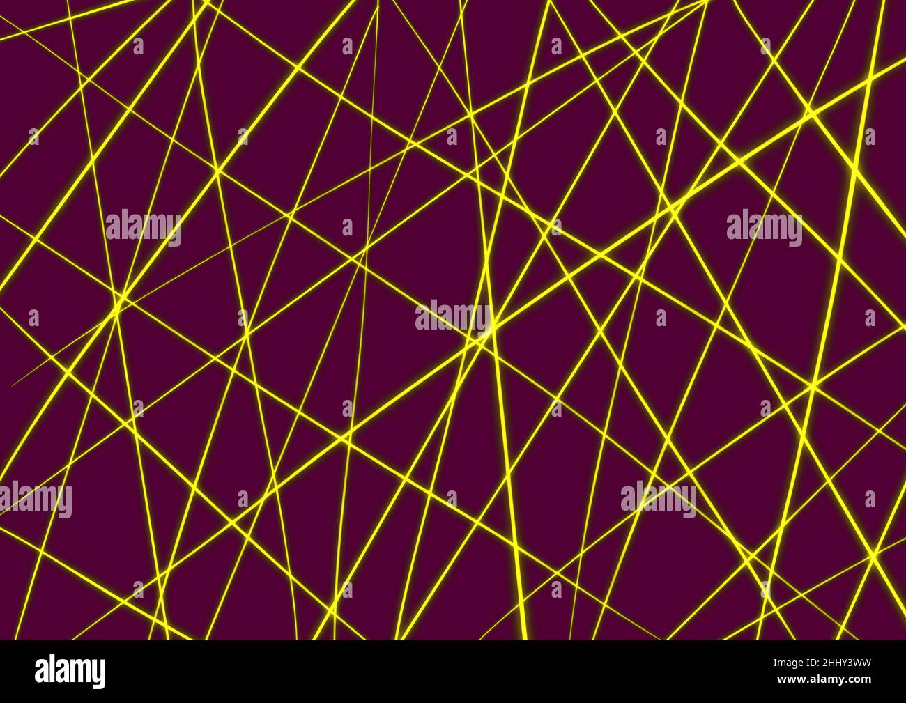 Abstrakte Kunst dunkellila Hintergrund mit gelben Neonlinien und Striche. Geometrisches Dessin-Muster mit goldener Schraffur und Streifen. Grafische Hintergrundbilder und Stockfoto