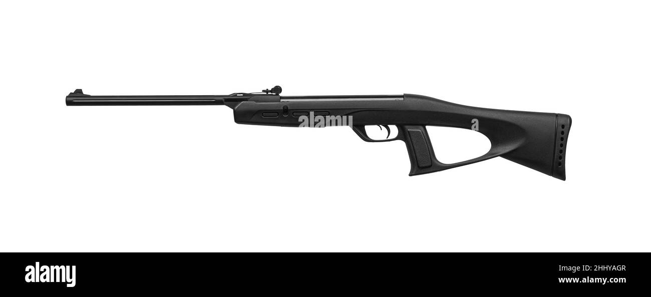 Ein modernes Luftgewehr mit futuristischem Design. Pneumatische Waffen für Sport und Unterhaltung. Isolieren auf weißem Hintergrund. Stockfoto