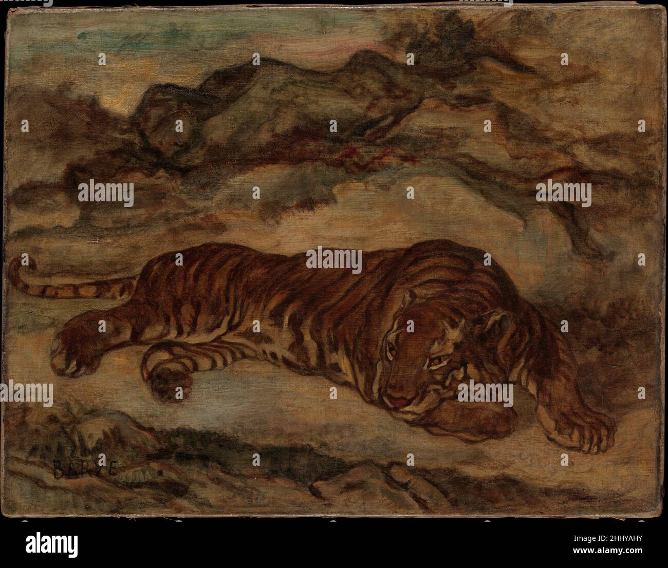 Tiger in Ruhe ca. 1850–65 Antoine-Louis Barye dieser Tiger, entspannt und doch wachsam, basiert auf Tieren, die Barye in der Menagerie des Jardin des Plantes in Paris sah, wo er oft ab dem Jahr 1820s, manchmal in Begleitung von Delacroix, zog. Barye wurde vor allem als Bildhauer von Tierfächern gefeiert, die er mit überzeugender physiognomischer Genauigkeit darstellte. Er war auch ein produktiver Aquarellist, aber er machte nur etwa hundert Gemälde, die er für sich behalten zu haben scheint. Es gibt eine Version dieser Komposition im Wadsworth Atheneum, Hartford. Tiger in Ruhe 678013 Stockfoto