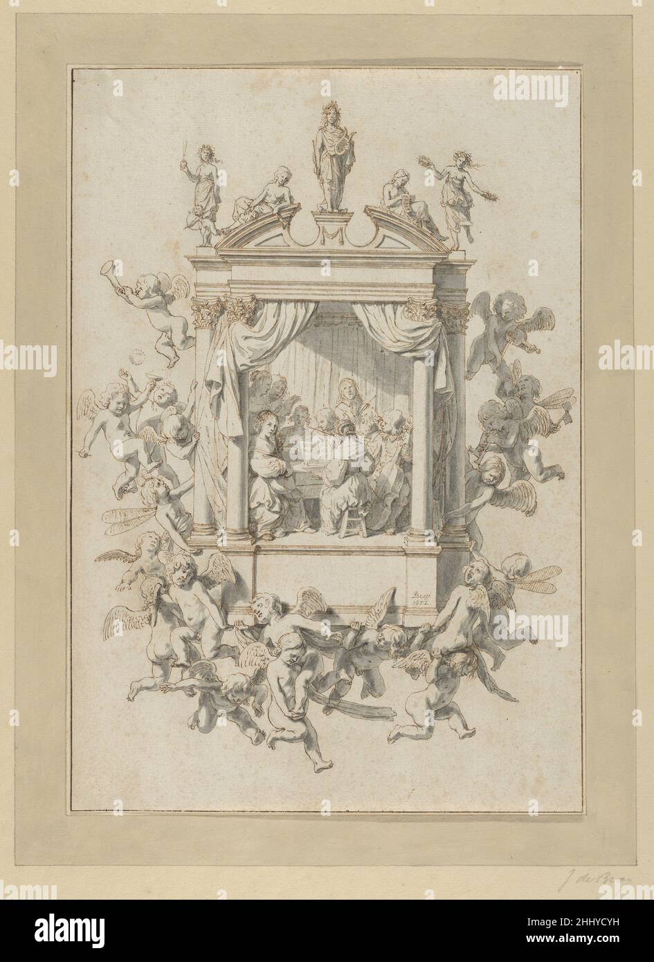 Eine Gruppe von Männern und Frauen, die Kammermusik in einem Portikus spielen, überragt von Statuen von Apollo und weiblichen Figuren, Und umgeben von Putti 1652 Jan de Bray Dutch Diese Zeichnung präsentiert in einem klassischen Portikus eine Gruppe modischer Männer und Frauen, die Musikinstrumente singen und spielen, darunter Clavichord, doppelköpfige Laute und Cello. Auf dem Portikus befinden sich Apollo mit seiner Leier und vier weiblichen Figuren: Eine, wahrscheinlich Venus, hält ein flammendes Herz und wird von Amor begleitet (ein Hinweis auf die langjährige Verbindung von Musik und Liebe); die anderen drei (möglicherweise klassischen Musen) besitzen ein Stockfoto