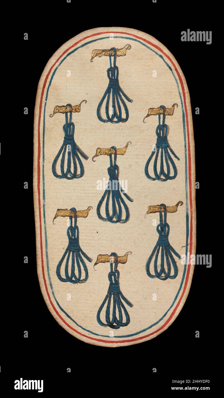 7 von Haltegurten, aus den Klöstern Spielkarten ca. 1475–80 Südniederländisch der Cloisters-Satz aus 52 Karten stellt das einzige bekannte komplette Kartenspiel aus dem 15. Jahrhundert dar, das aus beleuchteten gewöhnlichen Spielkarten besteht (im Gegensatz zu Tarot-Karten). Es gibt vier Farben, die jeweils aus einem König, einer Dame, einem Knauf und zehn Pip-Karten bestehen. Die Suitsymbole, die auf der Ausrüstung basieren, die mit der Jagd verbunden ist, sind Jagdhörner, Hundehalsbänder, Hundehalsbänder und Spielnoosen. Der Wert der Pip-Karten wird durch entsprechende Wiederholungen des Farbsymbols angezeigt. Die Zahlen scheinen auf Franco-Flemi zu basieren Stockfoto