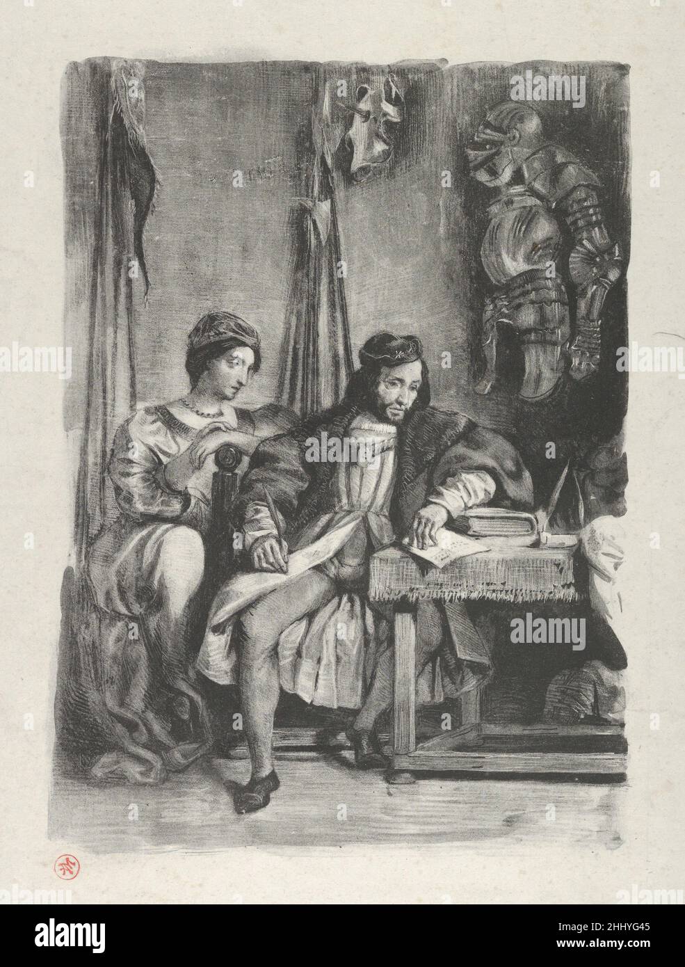 Goetz von Berlichingen Writing his Memoirs 1836–43 Eugène Delacroix Französisch das Thema dieses Abdrucks basiert auf einer Szene in Goethes Stück (1773 auf Deutsch erschienen; Und Französisch im Jahr 1823), die die Geschichte des Lebens eines deutschen Ritters (1480-1562) erzählt, der für die Wiedererlangung der Privilegien freier Ritter kämpfte, die von Kaiser Maximilian I. im Jahr 1495 aufgehoben wurden. Goetz von Berlichingen schreibt seine Memoiren 376902 Stockfoto