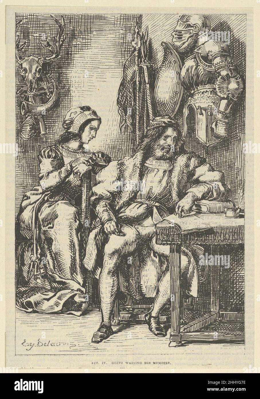 Goetz von Berlichingen schreibt seine Memoiren nach 1845 nach Eugène Delacroix Französisch nach einer Szene in Goethes Stück (1773 auf Deutsch erschienen; Und Französisch im Jahr 1823), die die Geschichte des Lebens eines deutschen Ritters (1480-1562) erzählt, der für die Wiedererlangung der Privilegien freier Ritter kämpfte, die von Kaiser Maximilian I. im Jahr 1495 aufgehoben wurden. Goetz von Berlichingen schreibt seine Memoiren 337379 Stockfoto