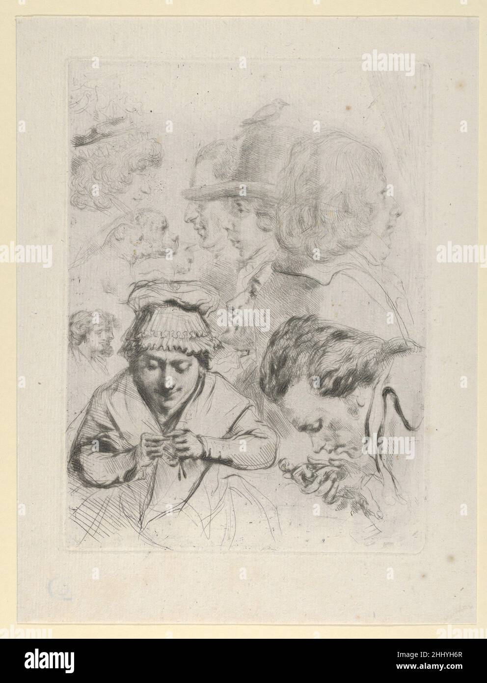 Le Citoyen Aubourg, Mme Aubourg, et leur famille (Citizens Aubourg, Madame Aubourg und ihre Familie) ca. 1795–1805 Baron Dominique Vivant Denon Der Diplomat und Verwalter der napoleonischen Zeit war Vivant Denon auch ein produktiver Grafiker. Hier verwendete er Trockenpunkt, um eine Reihe von Skizzen über die Platte zu fertigen. Die Komposition ist sowohl persönlich als auch skurril mit Denons Freund Aubourg, der im Profil rechts unten gesehen wird, gebeugt ist und eine Statuette in seiner Hand untersucht. Seine Frau wird links unten in halber Länge gestrickt. Im oberen Register Profilportraits von anderen Freunden oder Verwandten Stockfoto