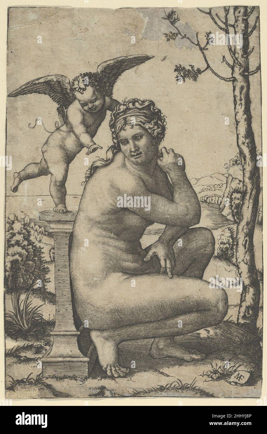 Venus hockend an einem Sockel, auf dem Amor ca. 1510–27 Marcantonio Raimondi Italienisch. Venus hockend an einem Sockel, auf dem Amor 342596 steht Stockfoto