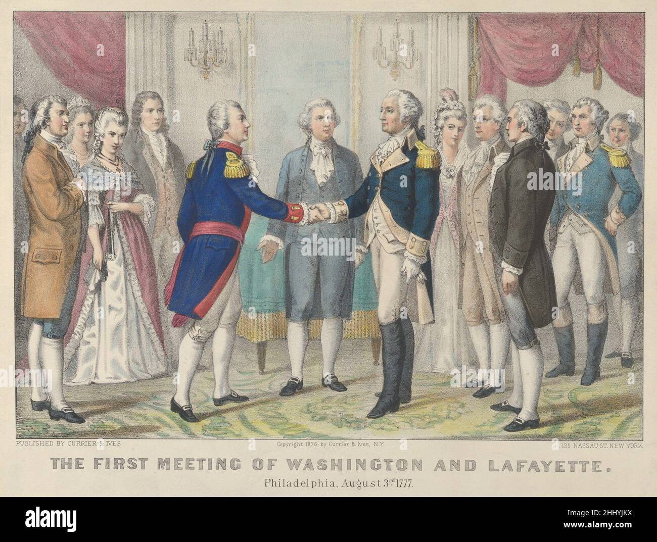 The First Meeting of Washington and Lafayette – Philadelphia, 3rd. August 1777 1876 Currier & Ives amerikanische Szene aus der amerikanischen Geschichte. George Washington, rechts, schüttelt die Hand von General Lafayette vor einer versammelten Menge. Das erste Treffen von Washington und Lafayette – Philadelphia, 3rd. August 1777 659889 Stockfoto