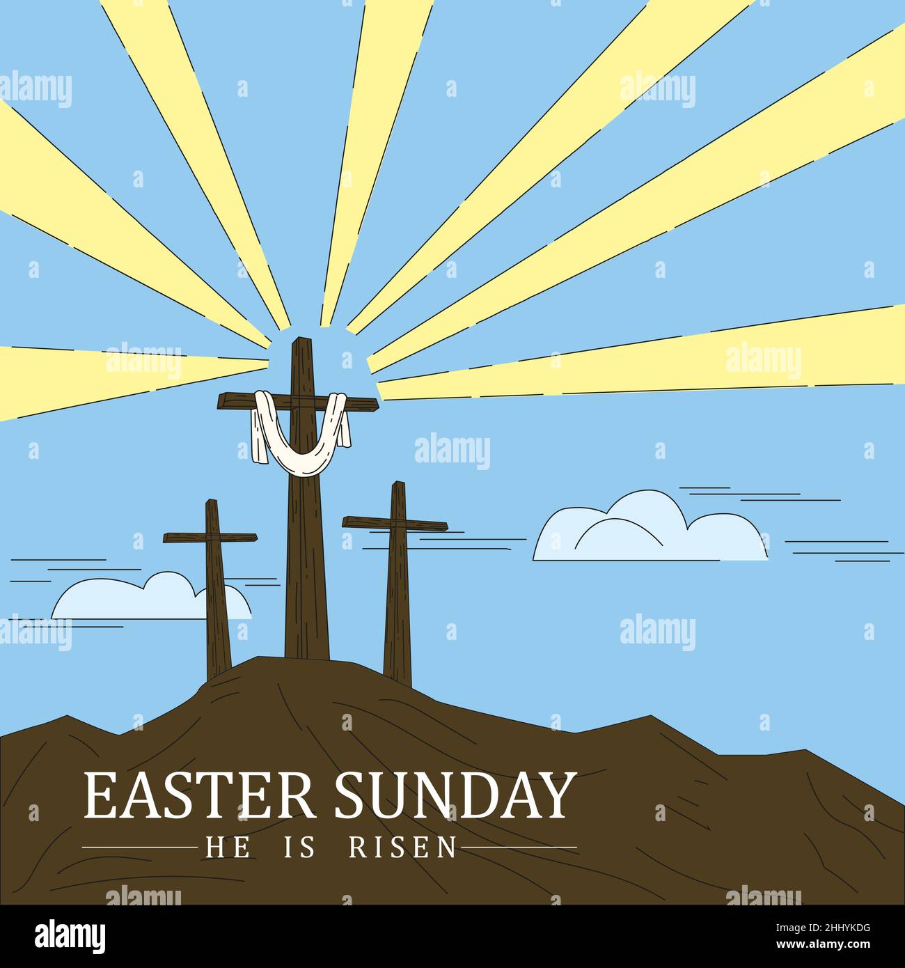 Christliches Kreuz auf dem religiösen Feiertag Ostern. Text Ostersonntag, feiert die Auferstehung. Skizzieren Sie das Kritzeln Stock Vektor