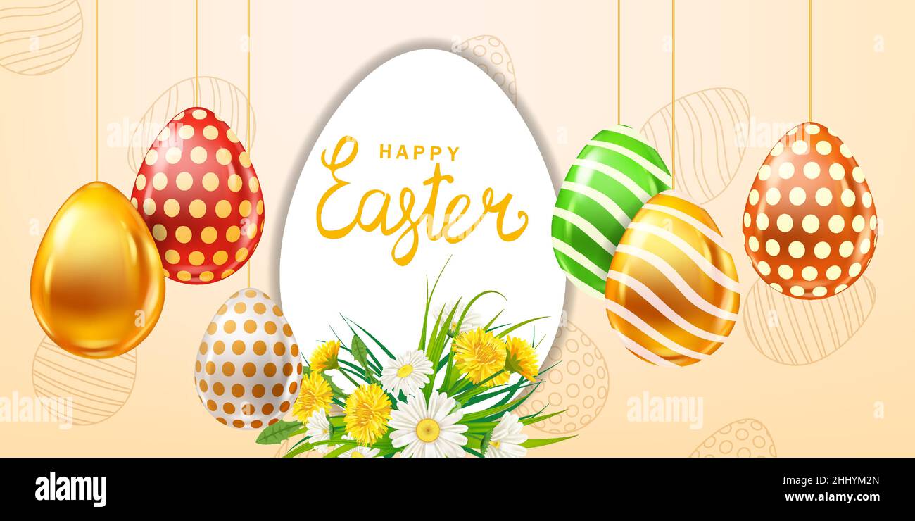 Frohe Ostern farbige Eier Banner Vorlage, Schriftzug. Realistischer Glanz verziert, bemalte Eier, bunte Frühlingsblumen Kamille, Löwenzahn. Feder Stock Vektor
