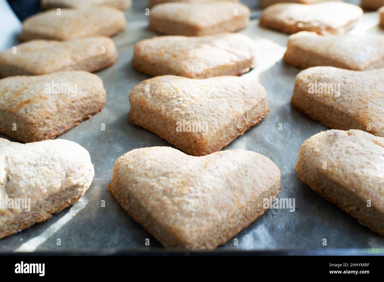Fertige herzförmige Plätzchen auf einem Backblech. Der Prozess der Herstellung von Urlaubsklätzchen zum Valentinstag. Mit Liebe zu Hause backen. Selektiver Fokus. Stockfoto