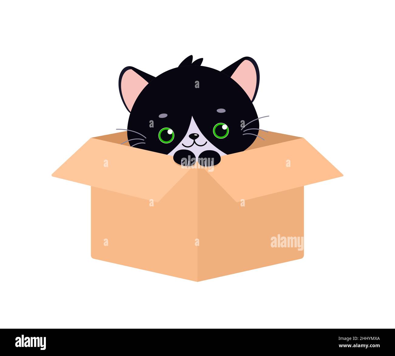 Niedliche graue Kawaii Katze sitzt in der Box auf weißem Hintergrund. Flacher Cartoon-Stil. Vektorgrafik Stock Vektor